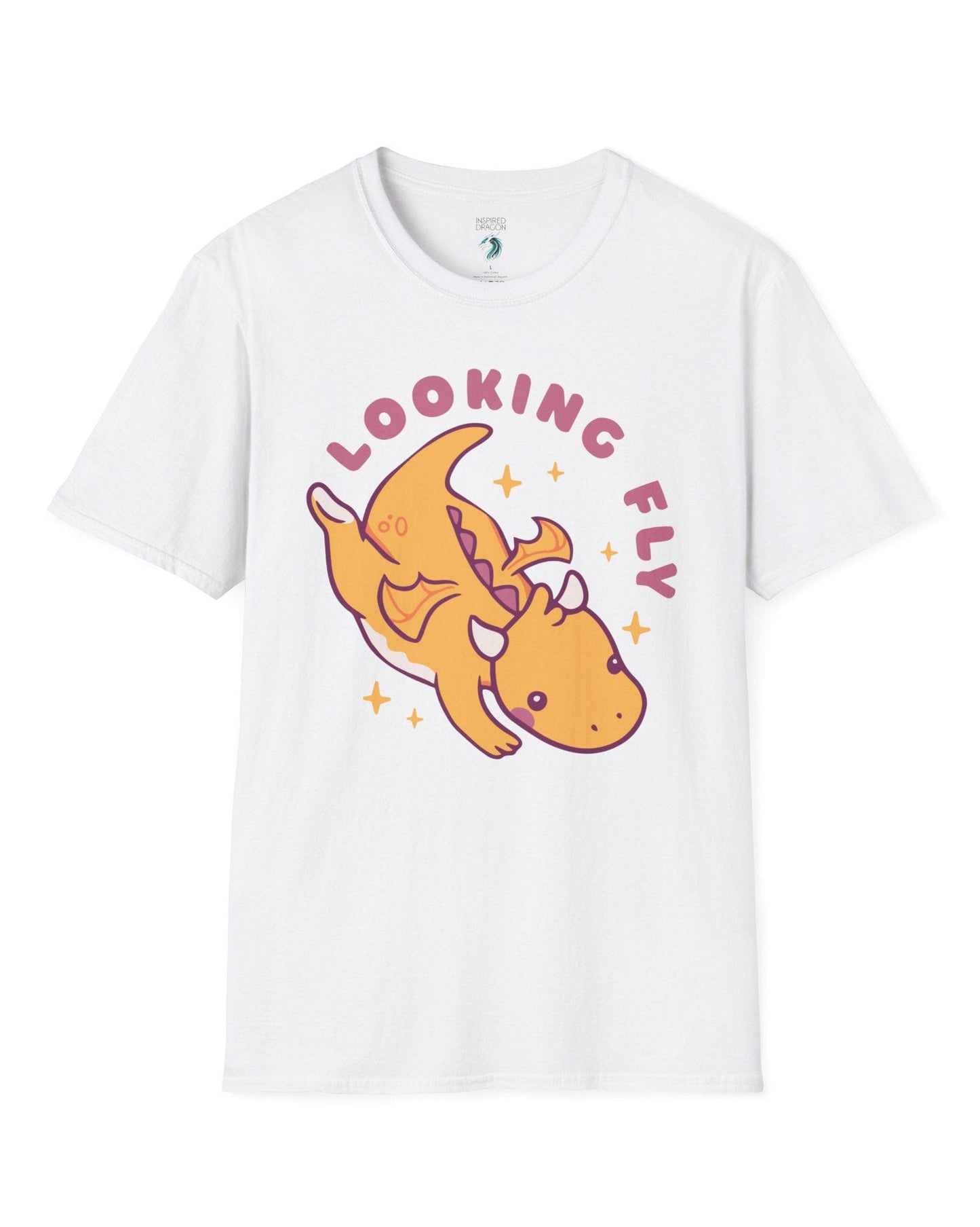 Looking Fly shirt in white, featuring a cute orange dragon flying with sparkles around it.