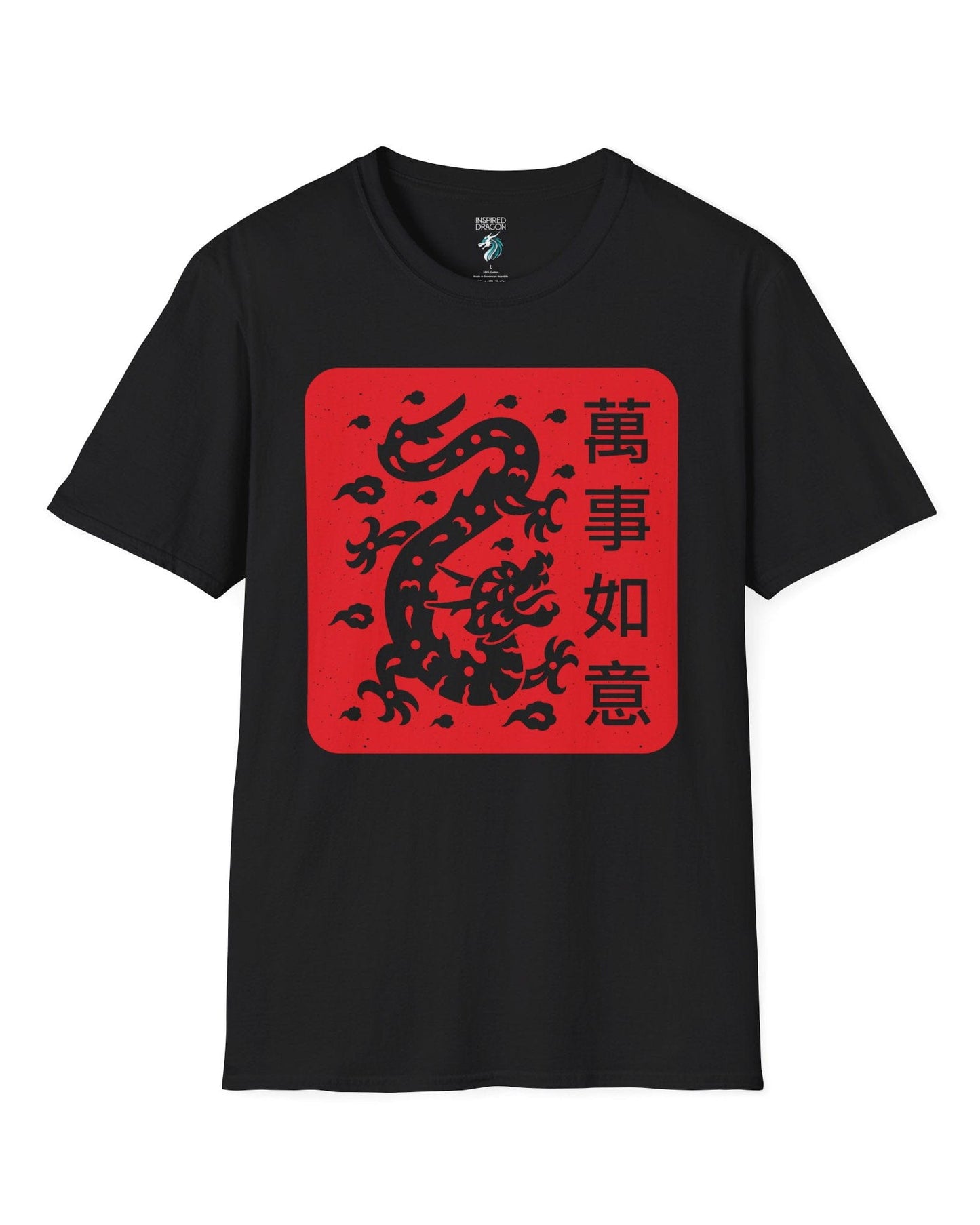 Blessings of the Dragon shirt in black, featuring a dragon design on a red square with Chinese characters.
