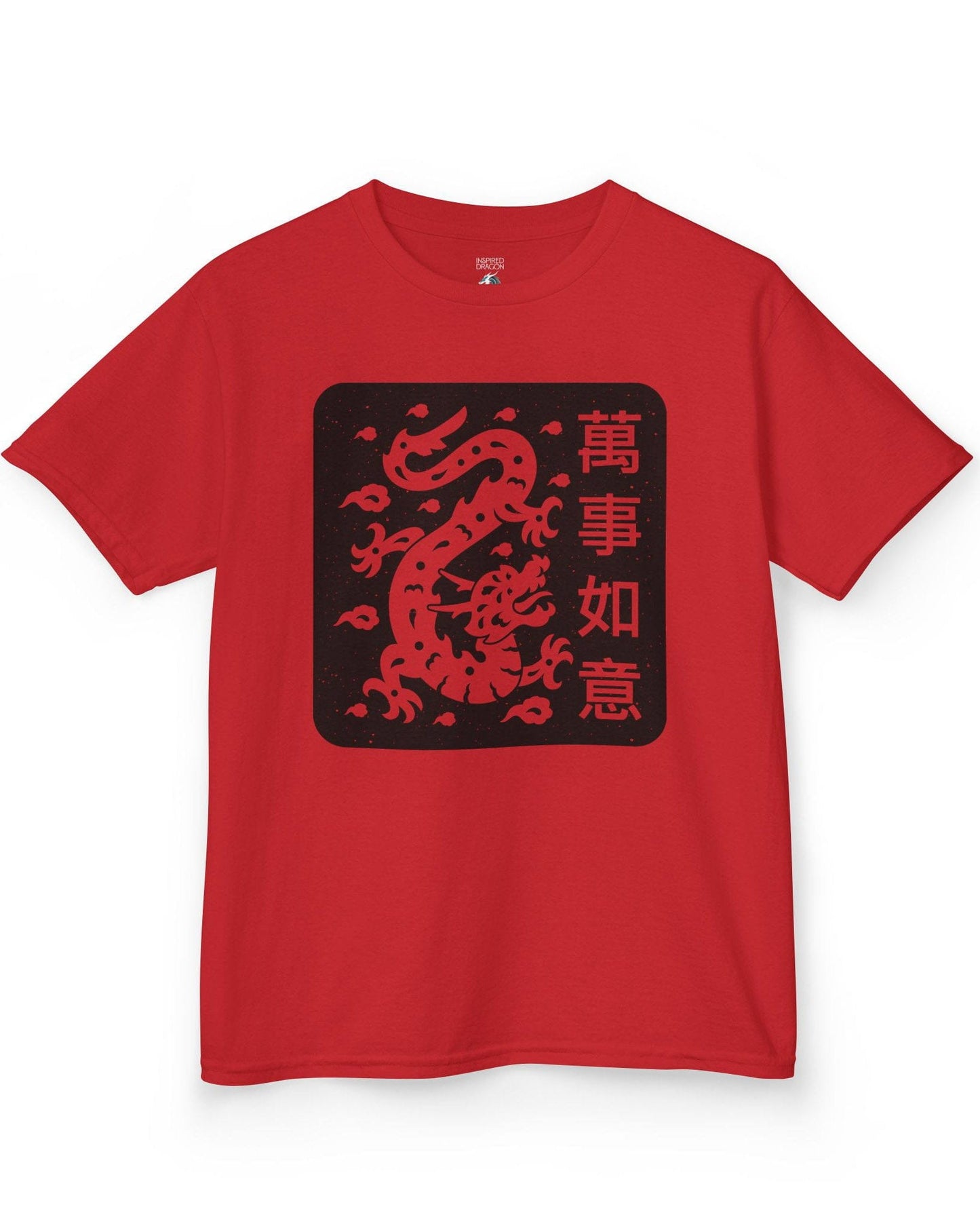Blessings of the Dragon shirt in red, featuring a dragon design on a black square with Chinese characters.
