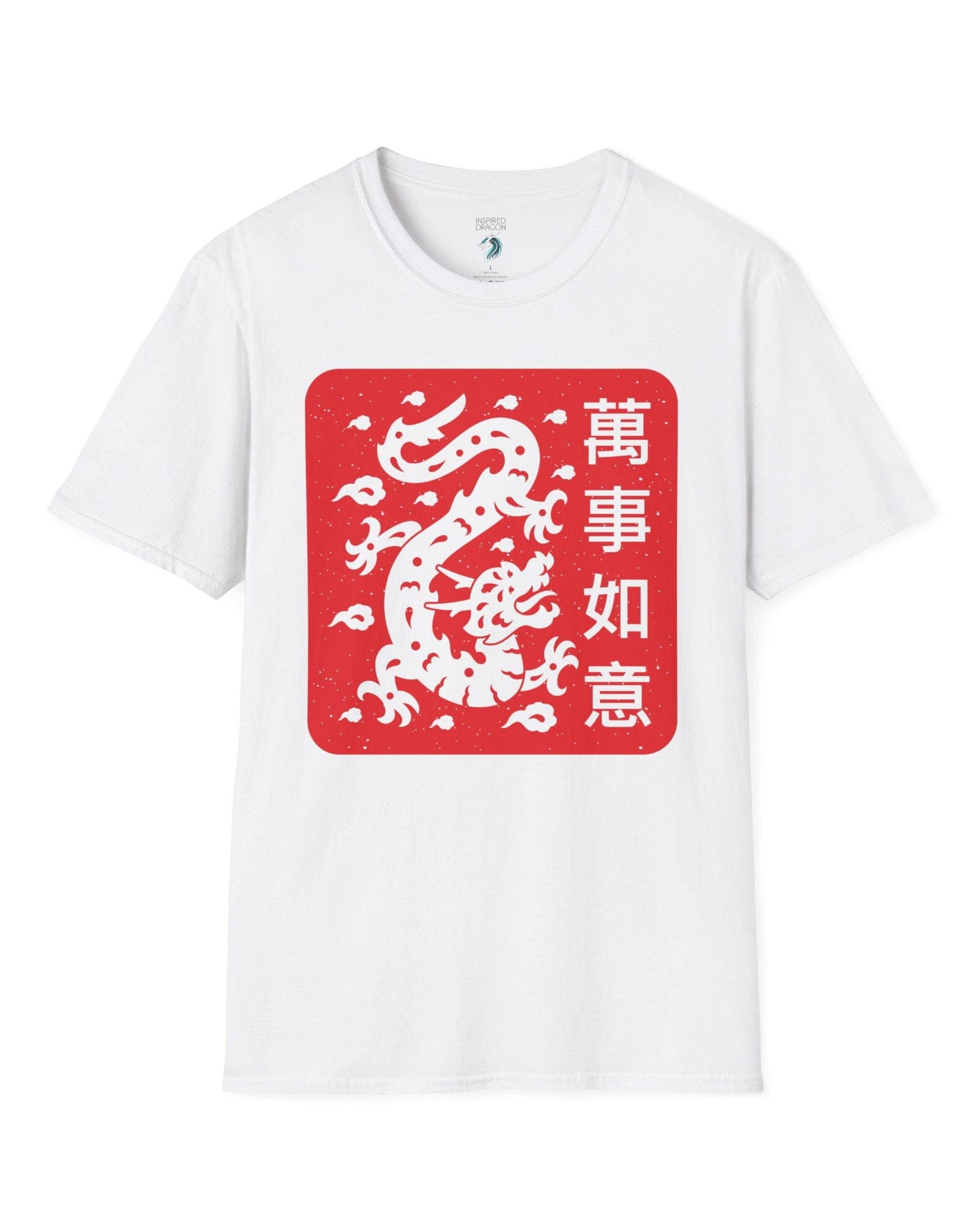 Blessings of the Dragon shirt in white, featuring a dragon design on a red square with Chinese characters.