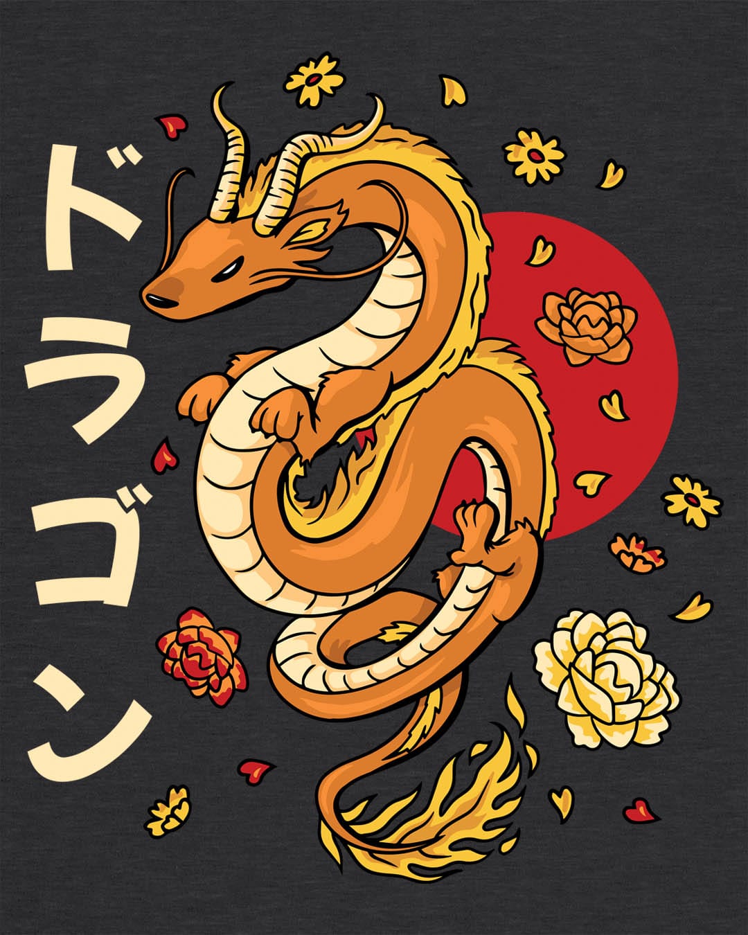 Petals Rising shirt in dark heather grey featuring an orange Eastern dragon surrounded by falling flowers and katakana text.