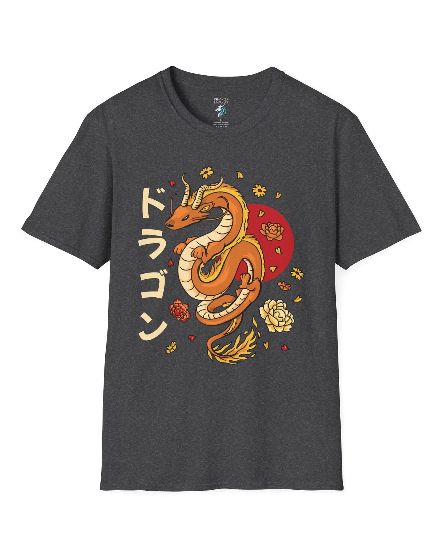 Petals Rising shirt in dark heather grey featuring an orange Eastern dragon surrounded by falling flowers and katakana text.