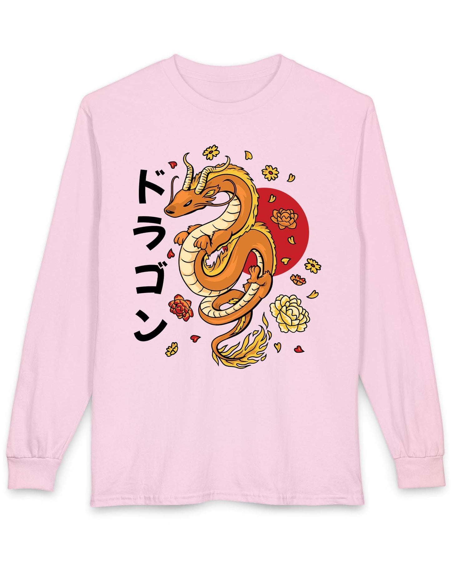 Petals Rising shirt in light pink featuring an orange Eastern dragon surrounded by falling flowers and katakana text