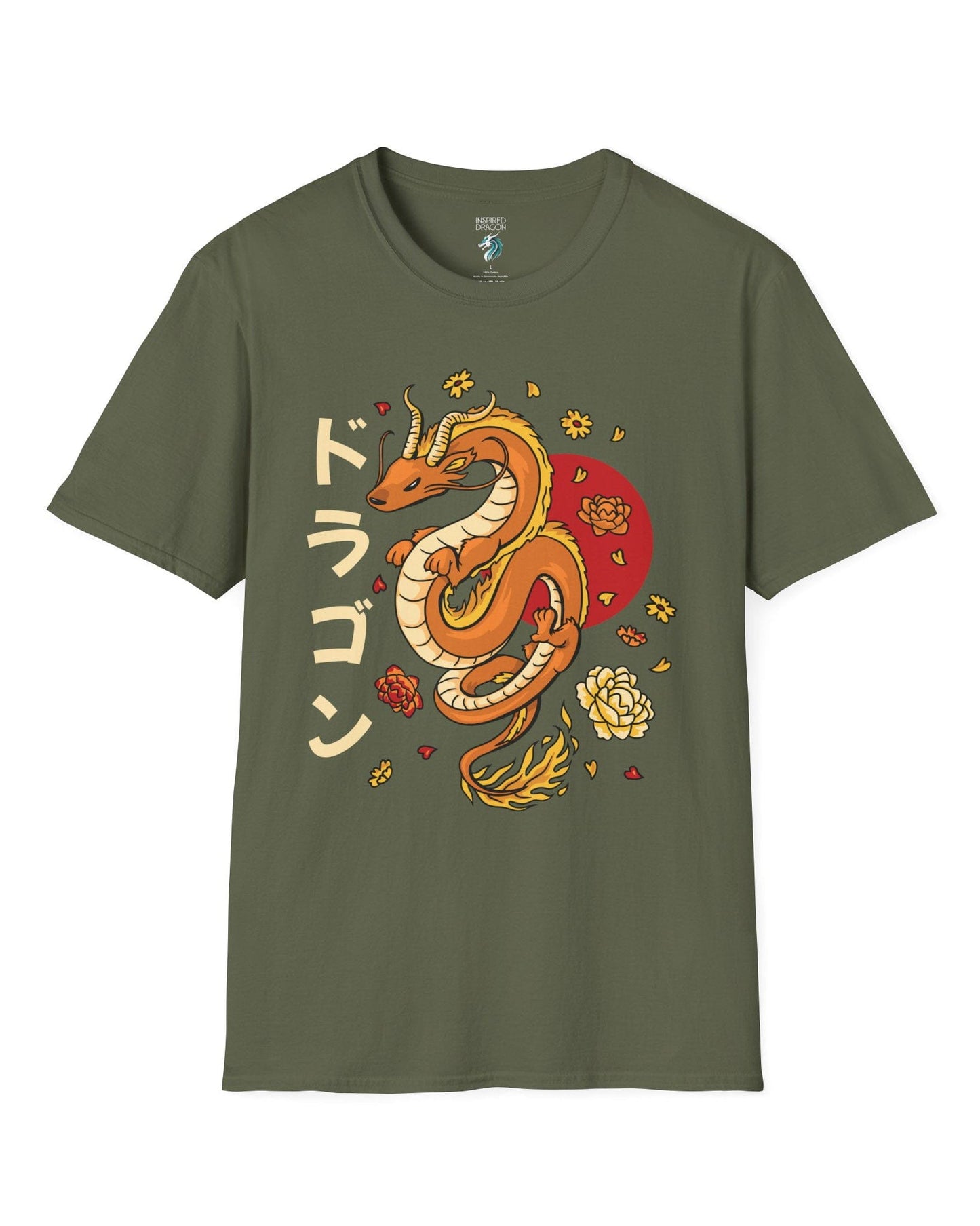 Petals Rising shirt in military green featuring an orange Eastern dragon surrounded by falling flowers and katakana text.