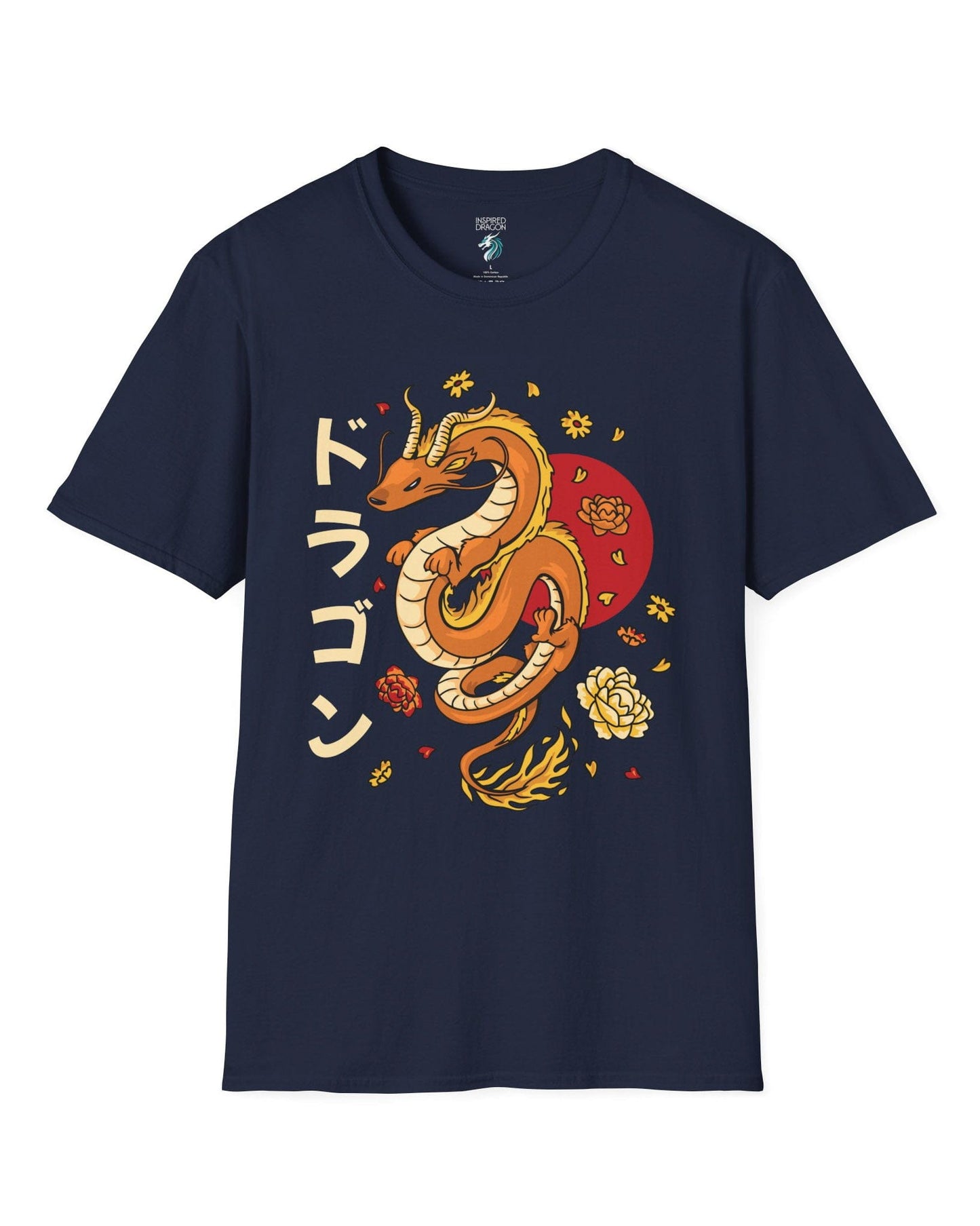 Petals Rising shirt in navy featuring an orange Eastern dragon surrounded by falling flowers and katakana text.