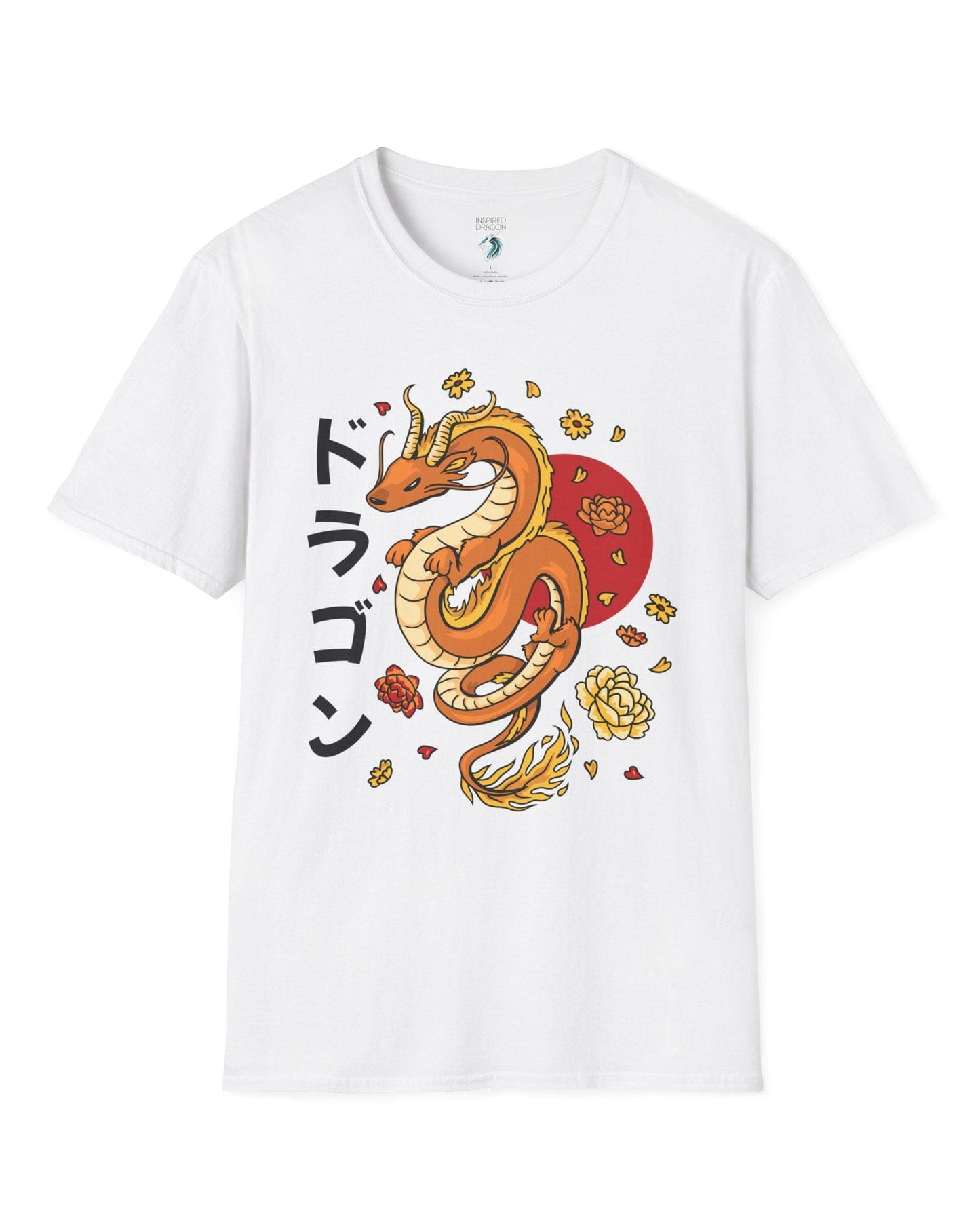 Petals Rising shirt in white featuring an orange Eastern dragon surrounded by falling flowers and katakana text.