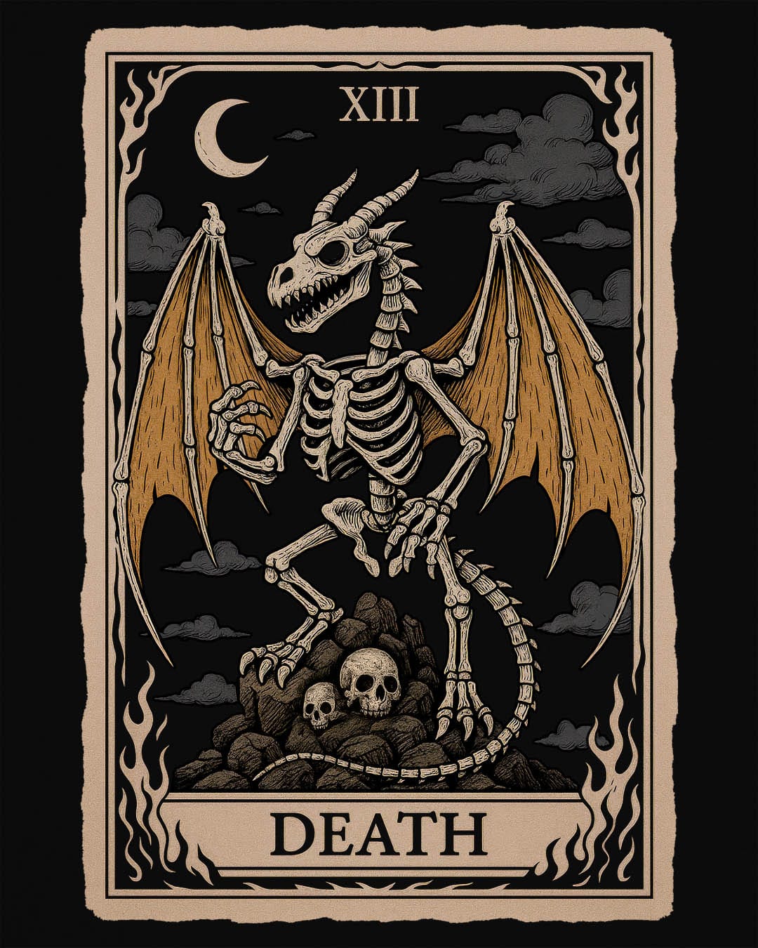 Death Dragon Tarot Card shirt in black featuring a skeletal dragon perched on skulls in a tarot-style frame.