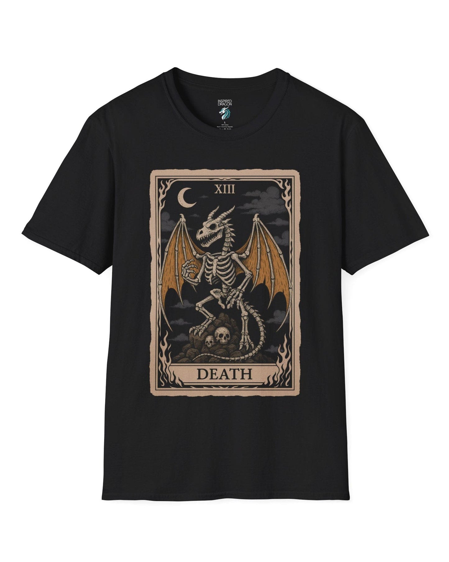 Death Dragon Tarot Card shirt in black featuring a skeletal dragon perched on skulls in a tarot-style frame.