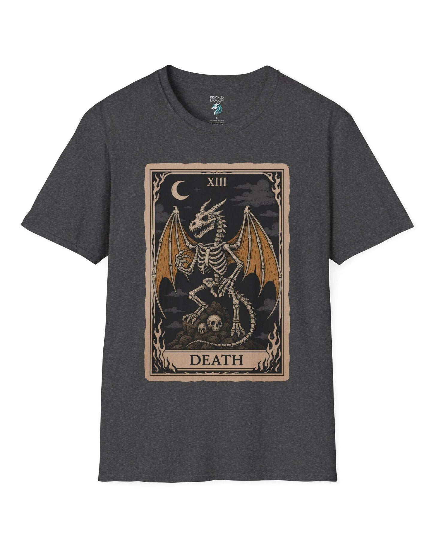 Death Dragon Tarot Card shirt in dark heather grey featuring a skeletal dragon perched on skulls in a tarot-style frame.