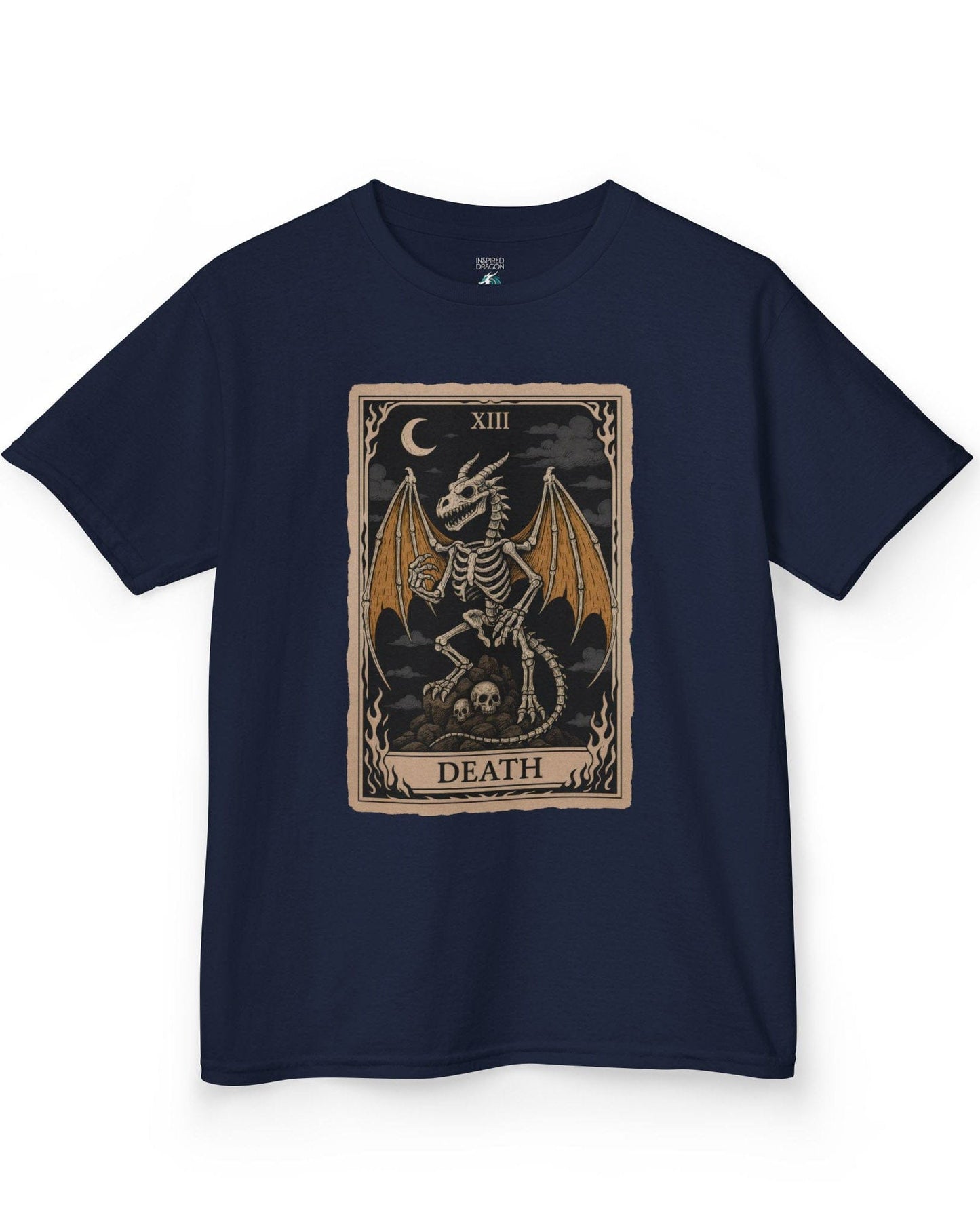 Death Dragon Tarot Card shirt in navy featuring a skeletal dragon perched on skulls in a tarot-style frame.