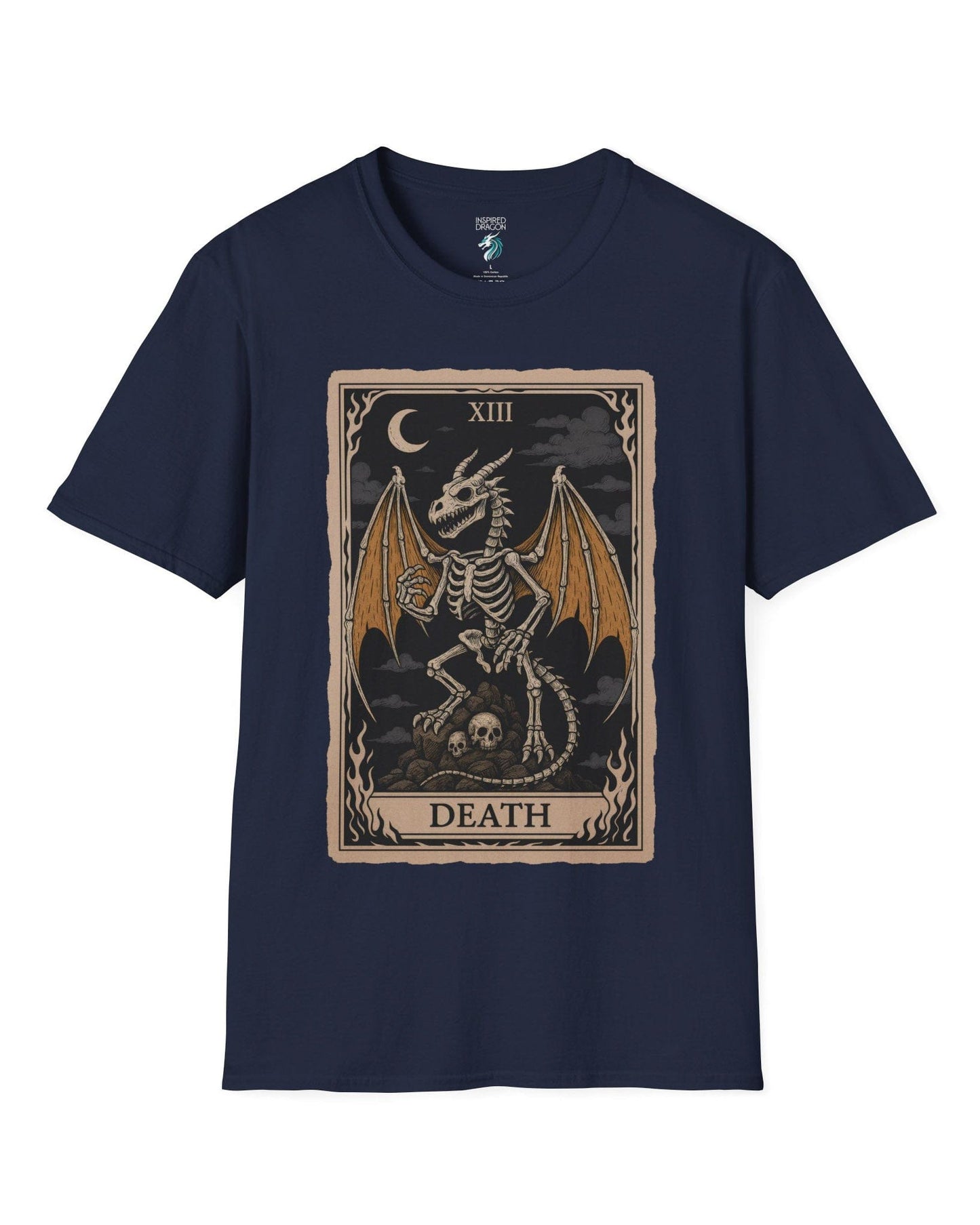 Death Dragon Tarot Card shirt in navy featuring a skeletal dragon perched on skulls in a tarot-style frame.