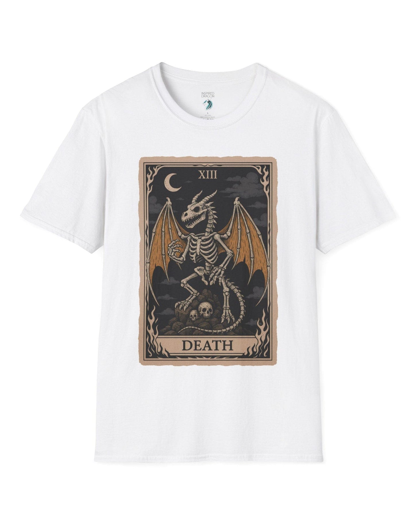 Death Dragon Tarot Card shirt in white featuring a skeletal dragon perched on skulls in a tarot-style frame.