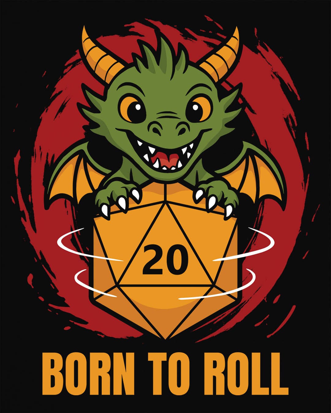 Born to Roll shirt in black, featuring a smiling green dragon hugging a spinning orange d20 die.