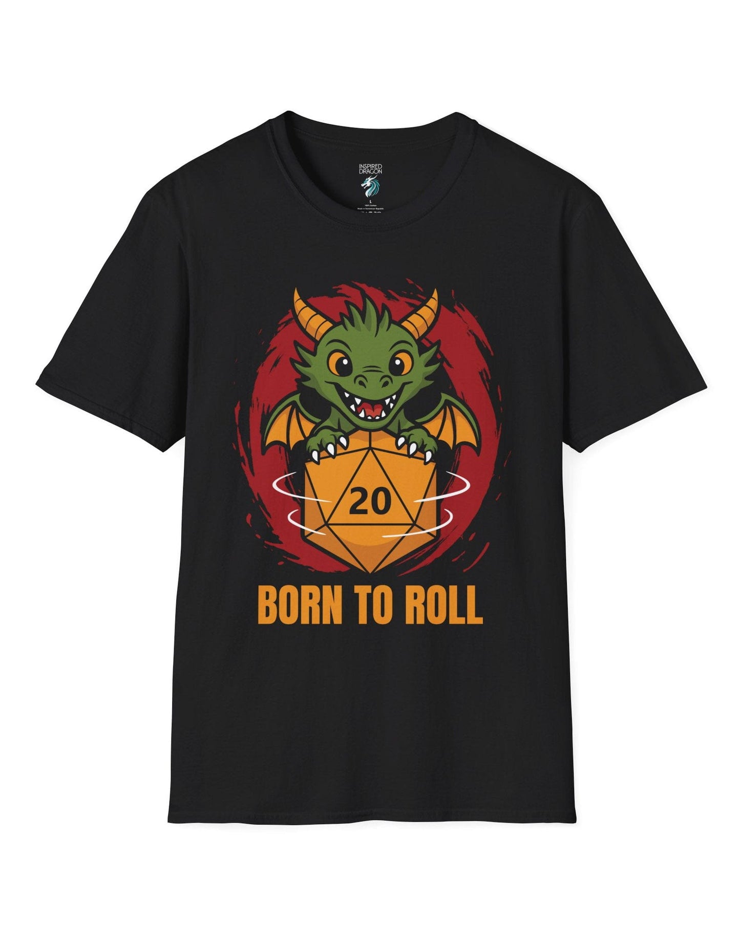Born to Roll shirt in black, featuring a smiling green dragon hugging a spinning orange d20 die.