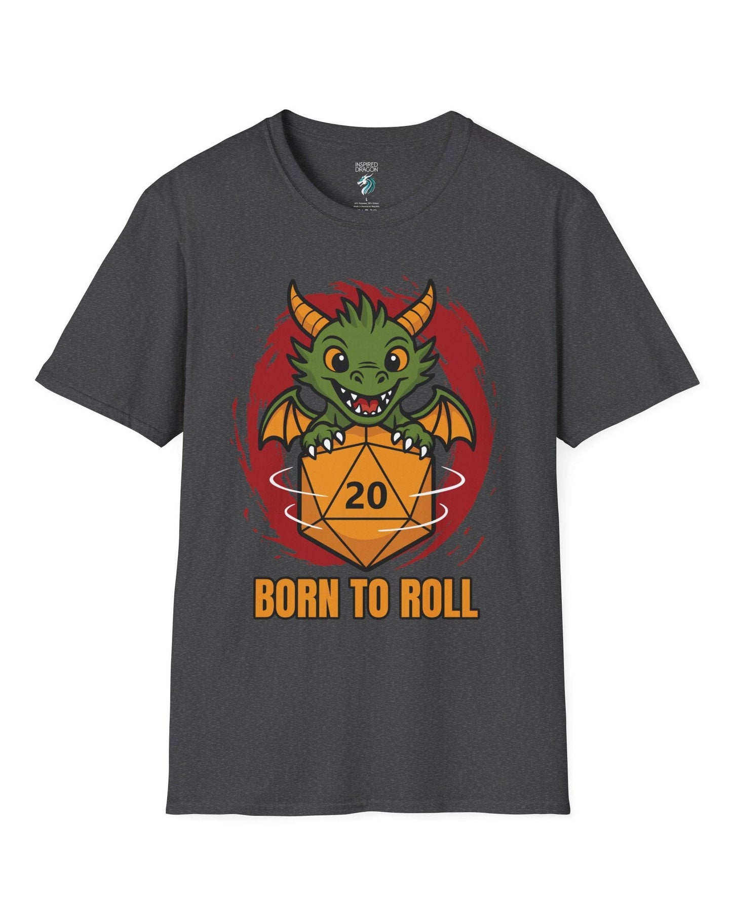 Born to Roll shirt in dark heather grey, featuring a smiling green dragon hugging a spinning orange d20 die.