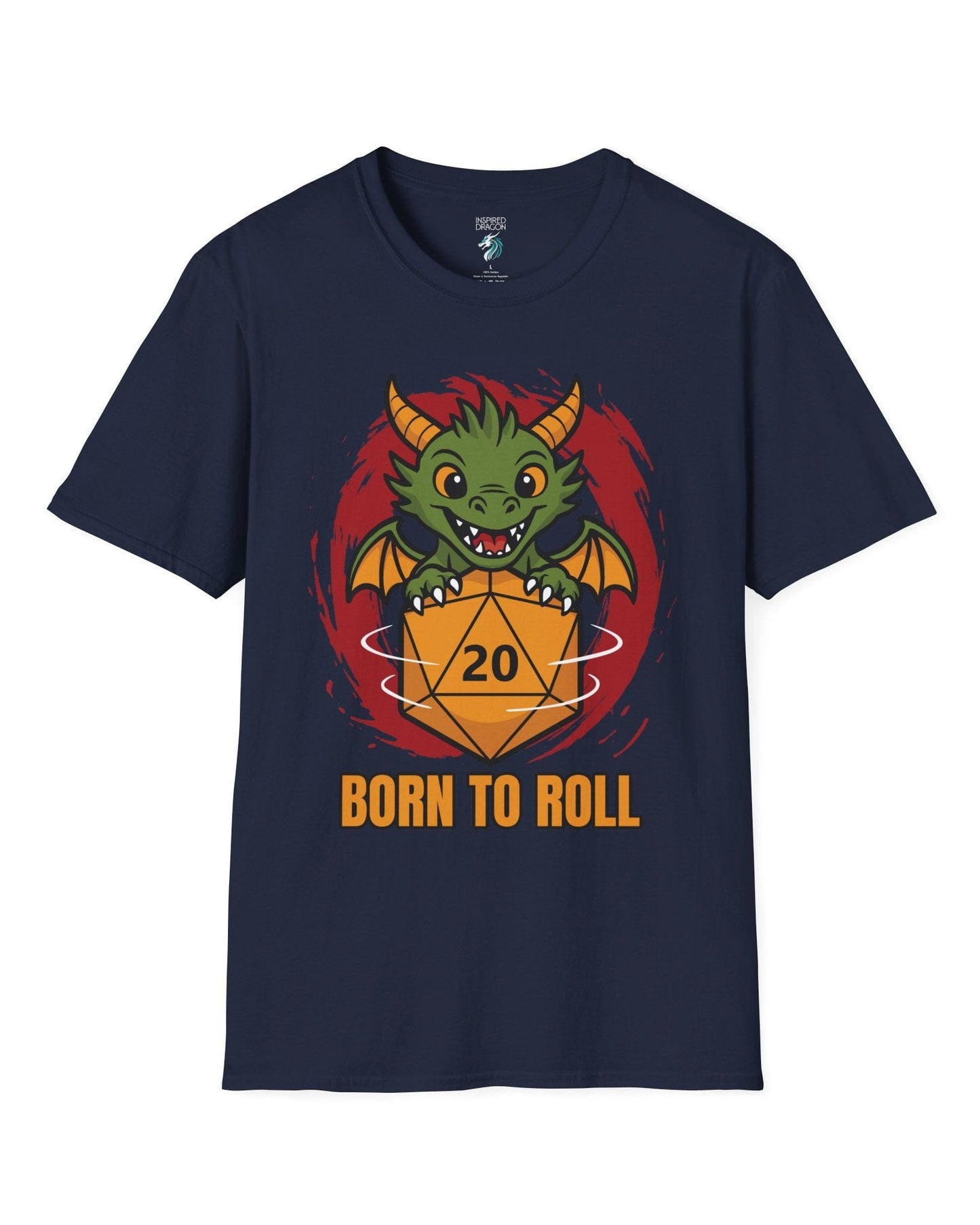 Born to Roll shirt in navy, featuring a smiling green dragon hugging a spinning orange d20 die.