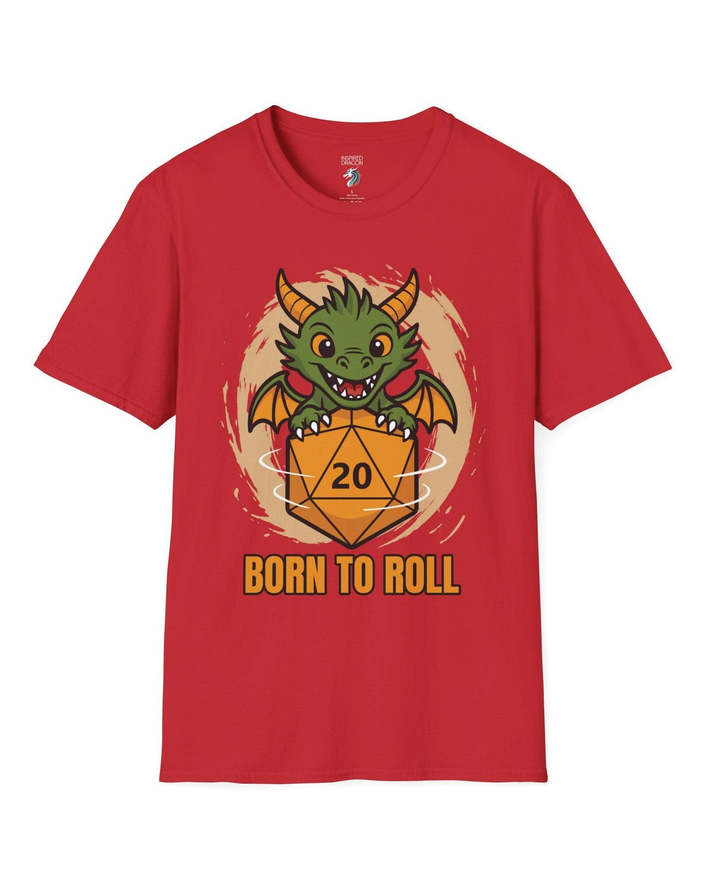 Born to Roll shirt in red, featuring a smiling green dragon hugging a spinning orange d20 die.
