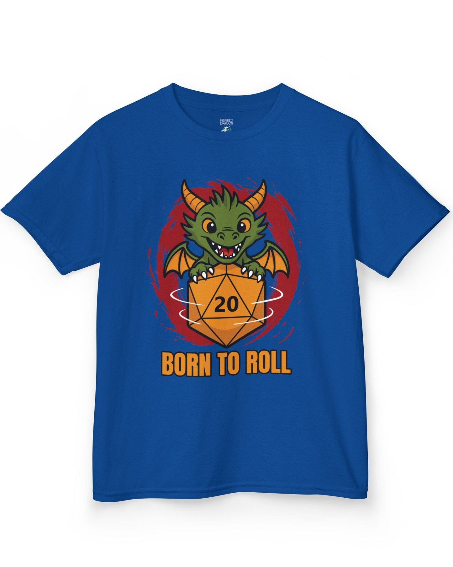 Born to Roll shirt in royal blue, featuring a smiling green dragon hugging a spinning orange d20 die.