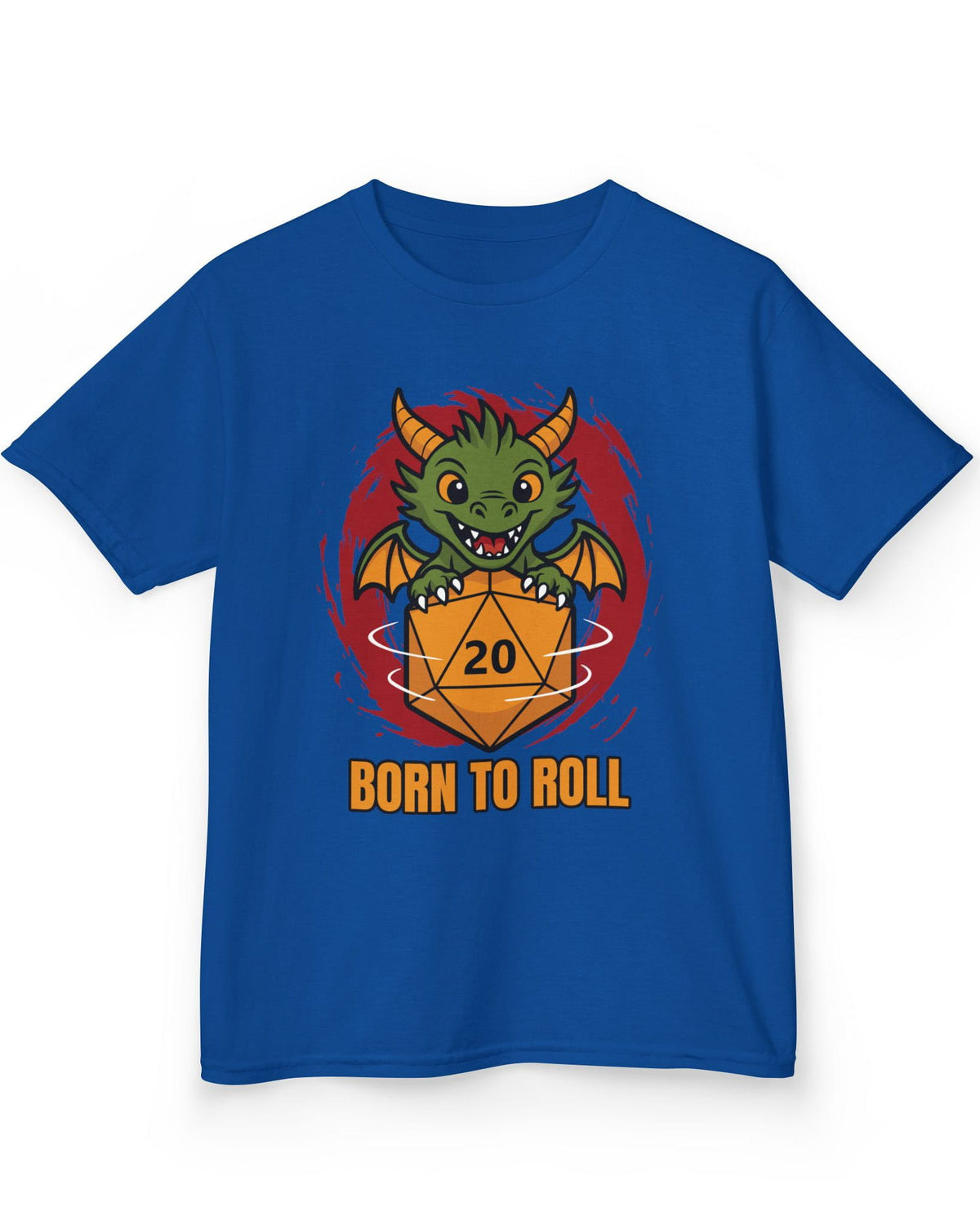 Born to Roll shirt in royal blue featuring a smiling green dragon hugging a spinning orange d20 die
