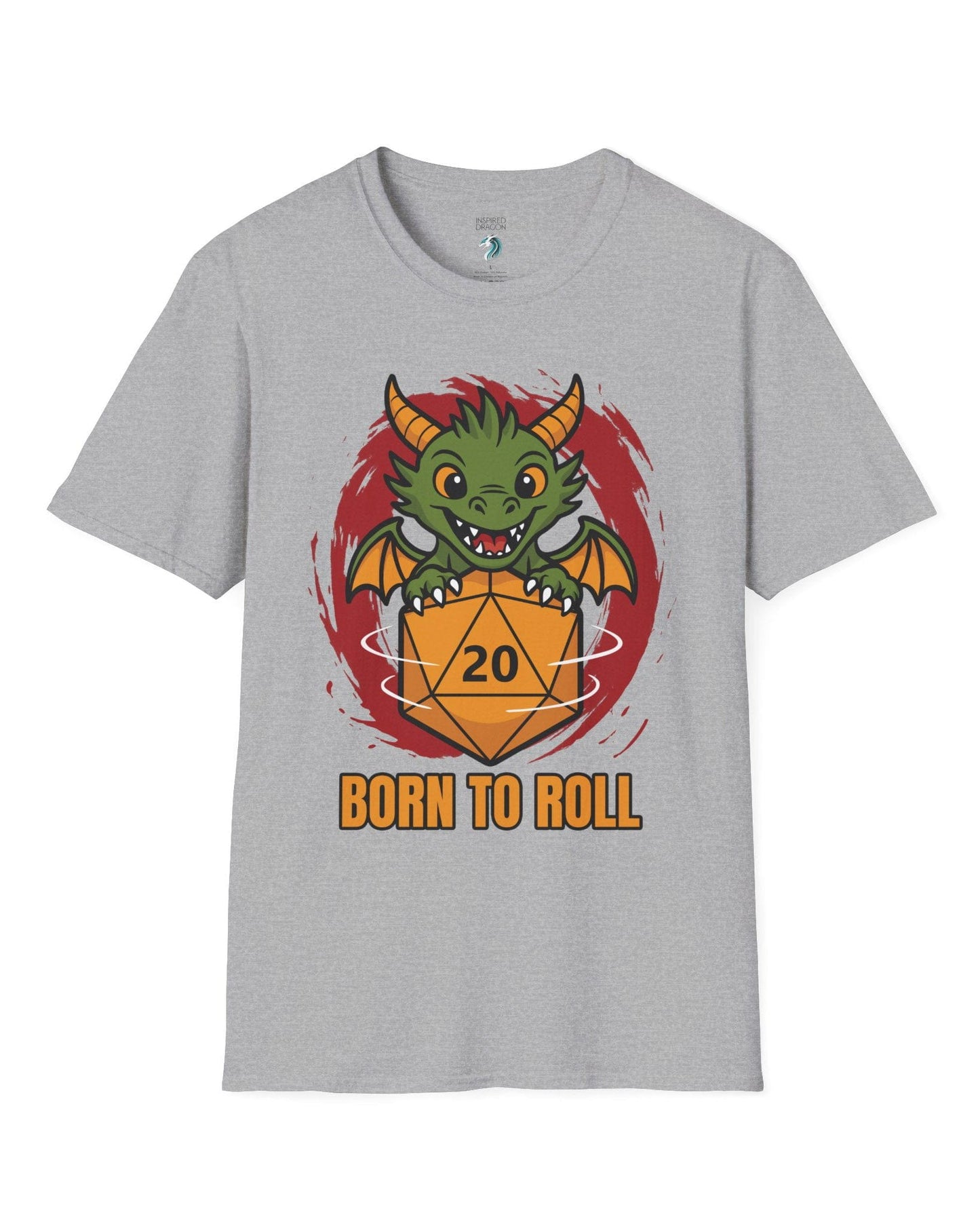 Born to Roll shirt in sport grey, featuring a smiling green dragon hugging a spinning orange d20 die.