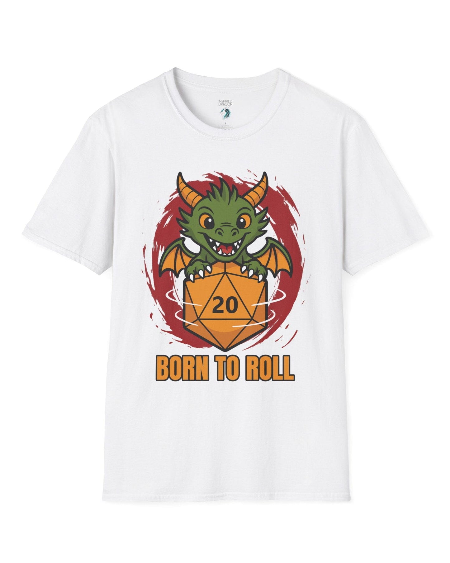 Born to Roll shirt in white, featuring a smiling green dragon hugging a spinning orange d20 die.