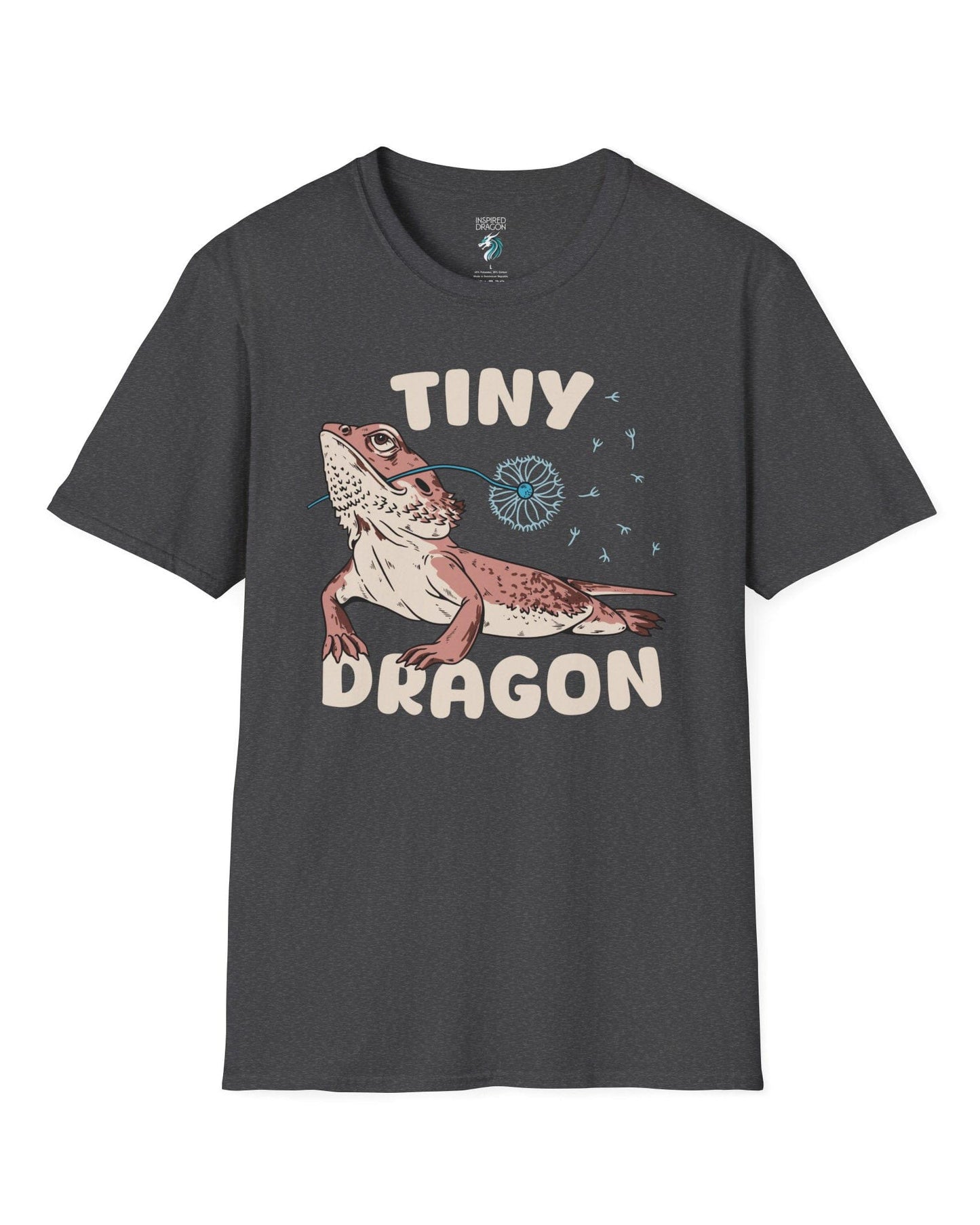 Tiny Dragon shirt in dark heather grey, featuring puffy text and a bearded dragon holding a dandelion in its mouth.