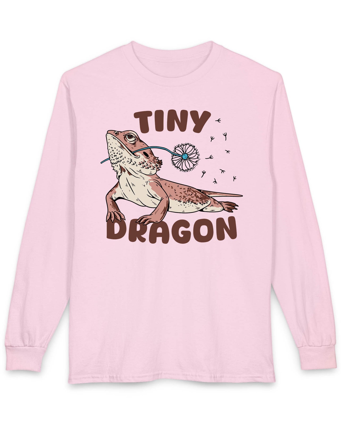 Tiny Dragon shirt in light pink featuring puffy text and a bearded dragon holding a dandelion in its mouth