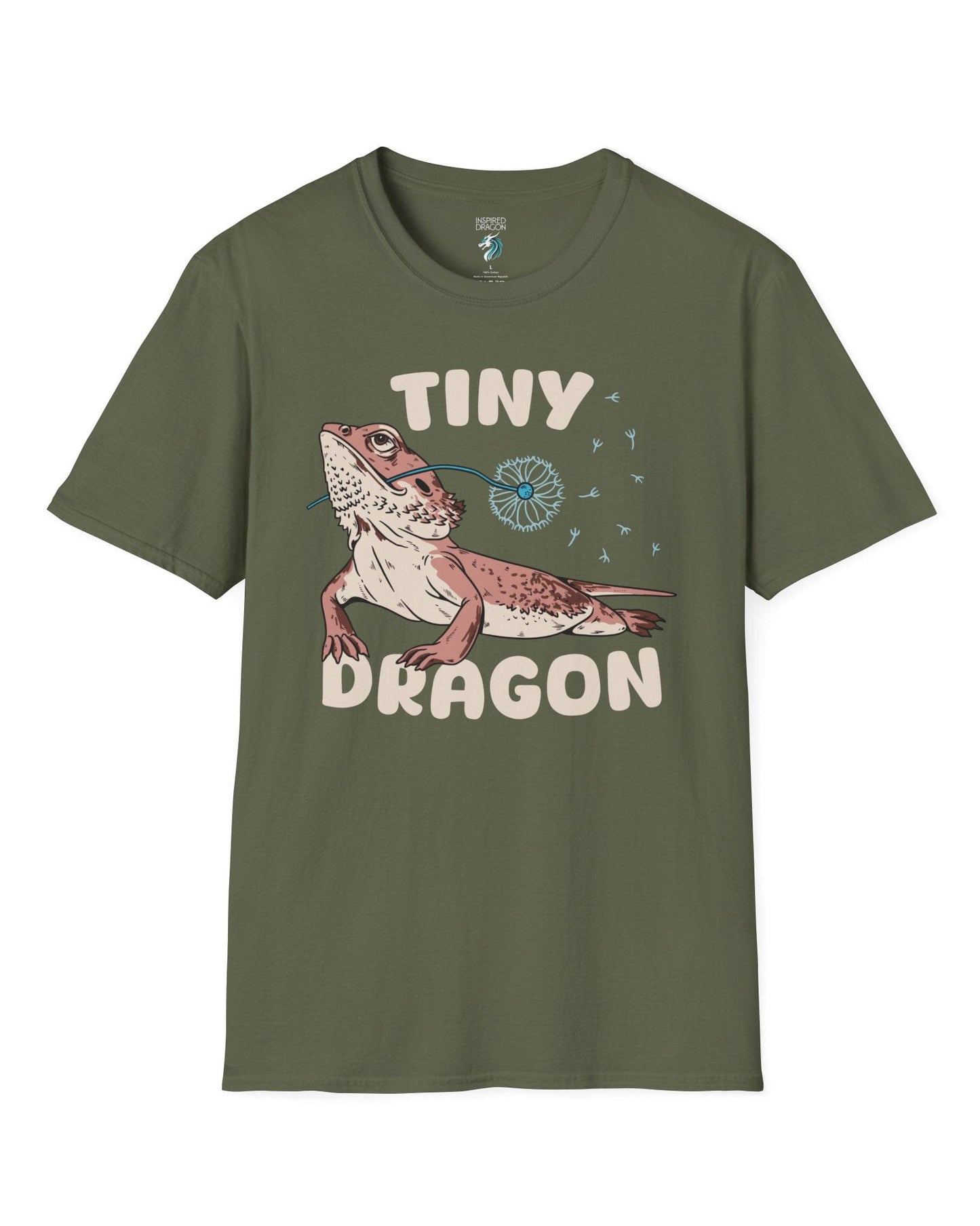 Tiny Dragon shirt in military green, featuring puffy text and a bearded dragon holding a dandelion in its mouth.