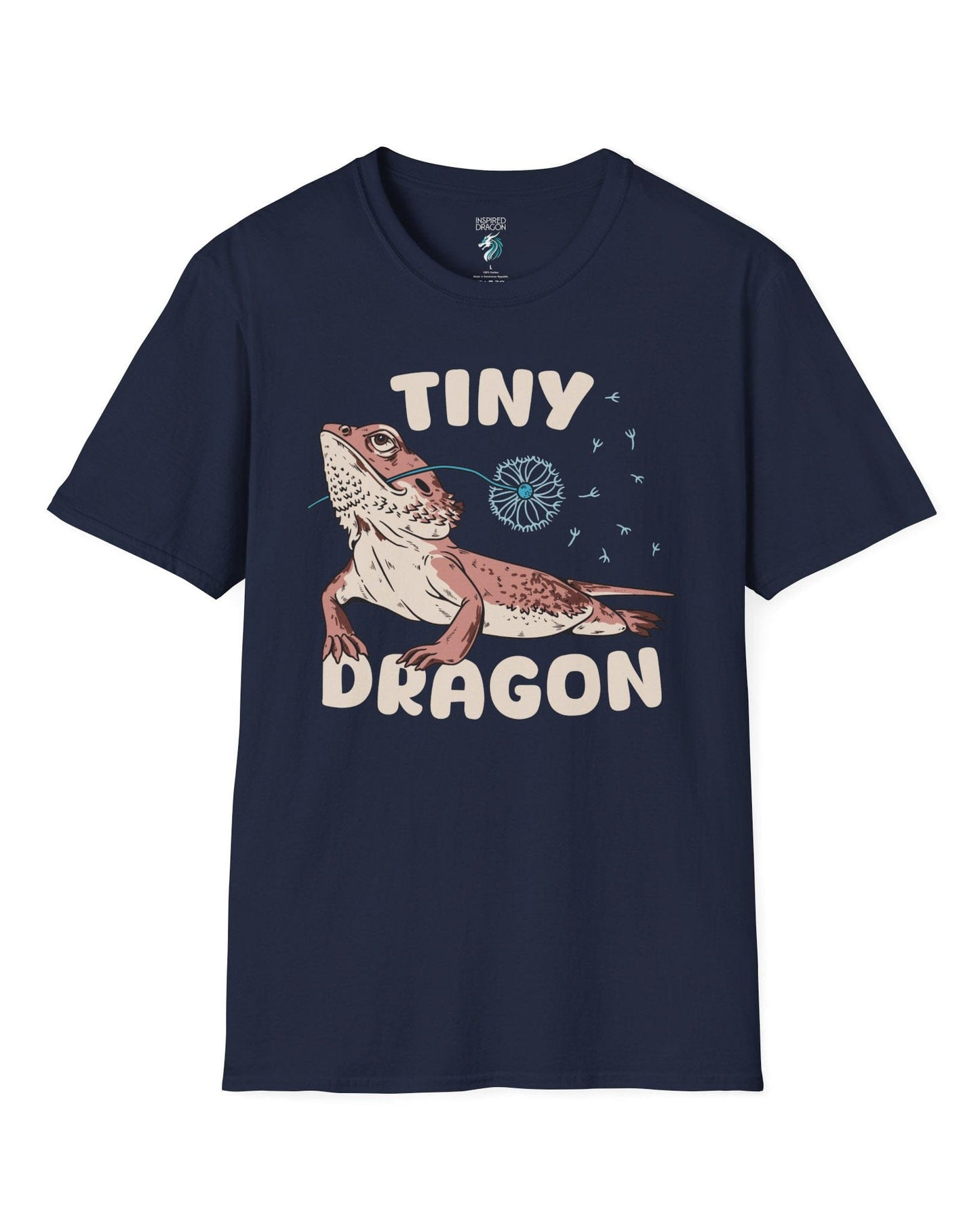 Tiny Dragon shirt in navy, featuring puffy text and a bearded dragon holding a dandelion in its mouth.
