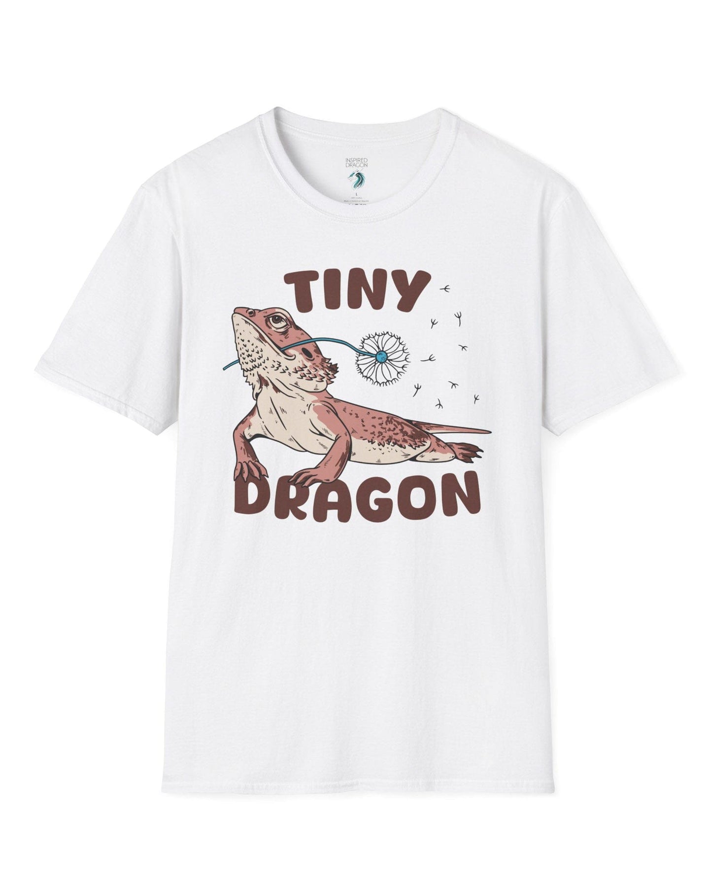 Tiny Dragon shirt in white, featuring puffy text and a bearded dragon holding a dandelion in its mouth.