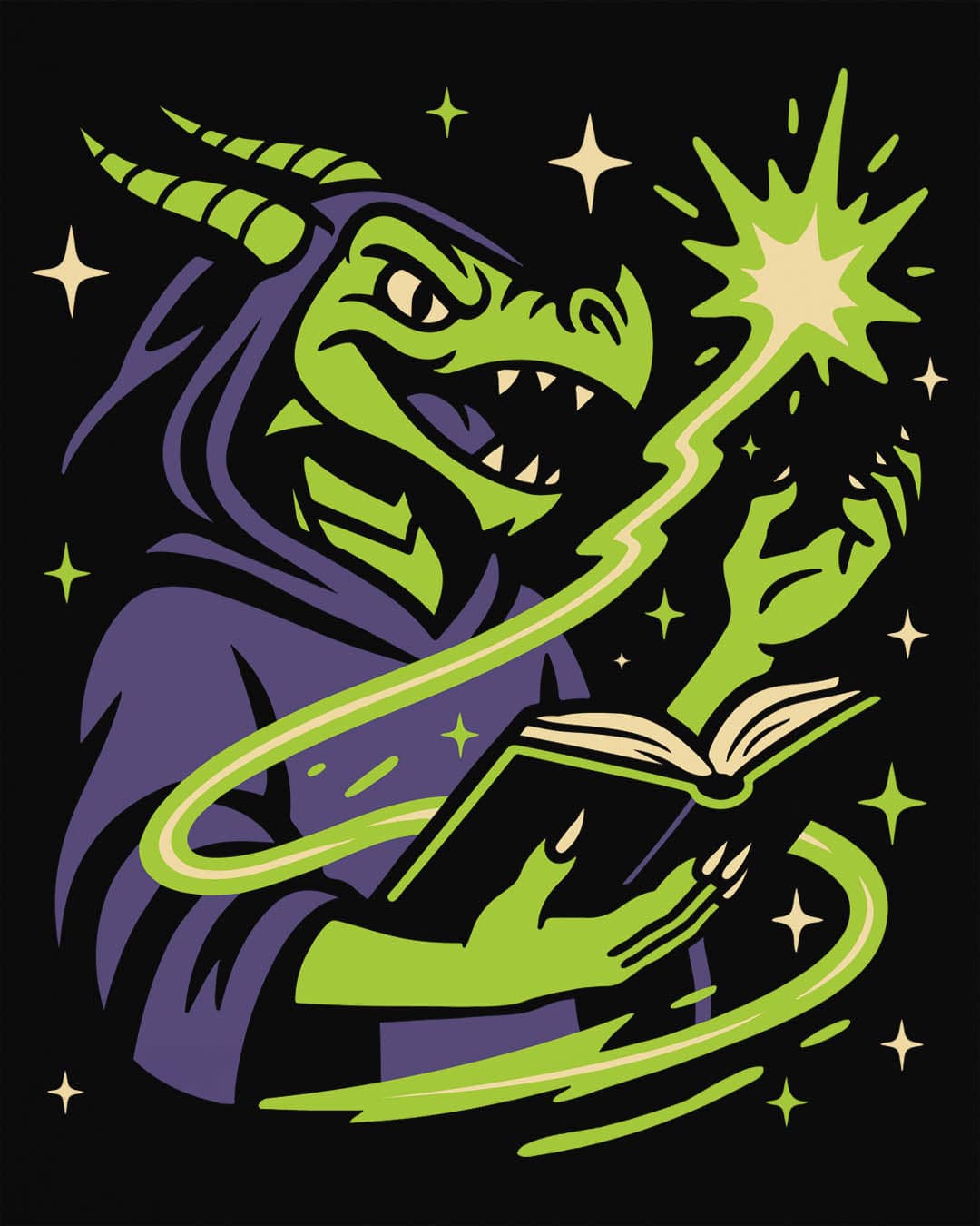Dragon Wizard shirt in black, featuring a green dragon in purple robes casting a spell from a magical book.