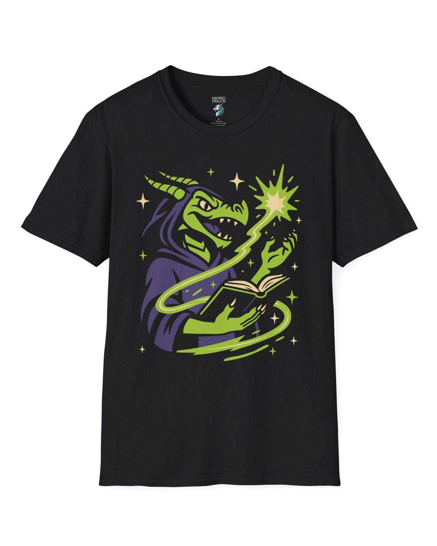 Dragon Wizard shirt in black, featuring a green dragon in purple robes casting a spell from a magical book.