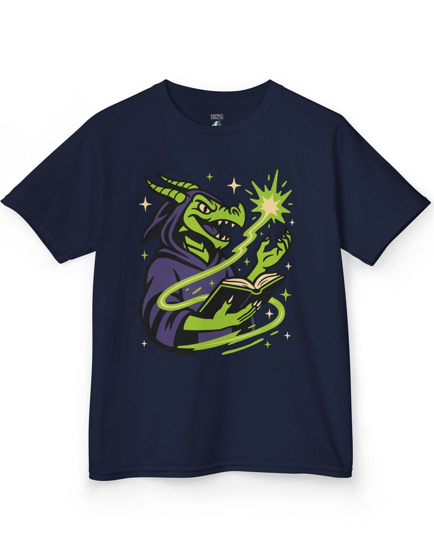 Dragon Wizard shirt in navy, featuring a green dragon in purple robes casting a spell from a magical book.