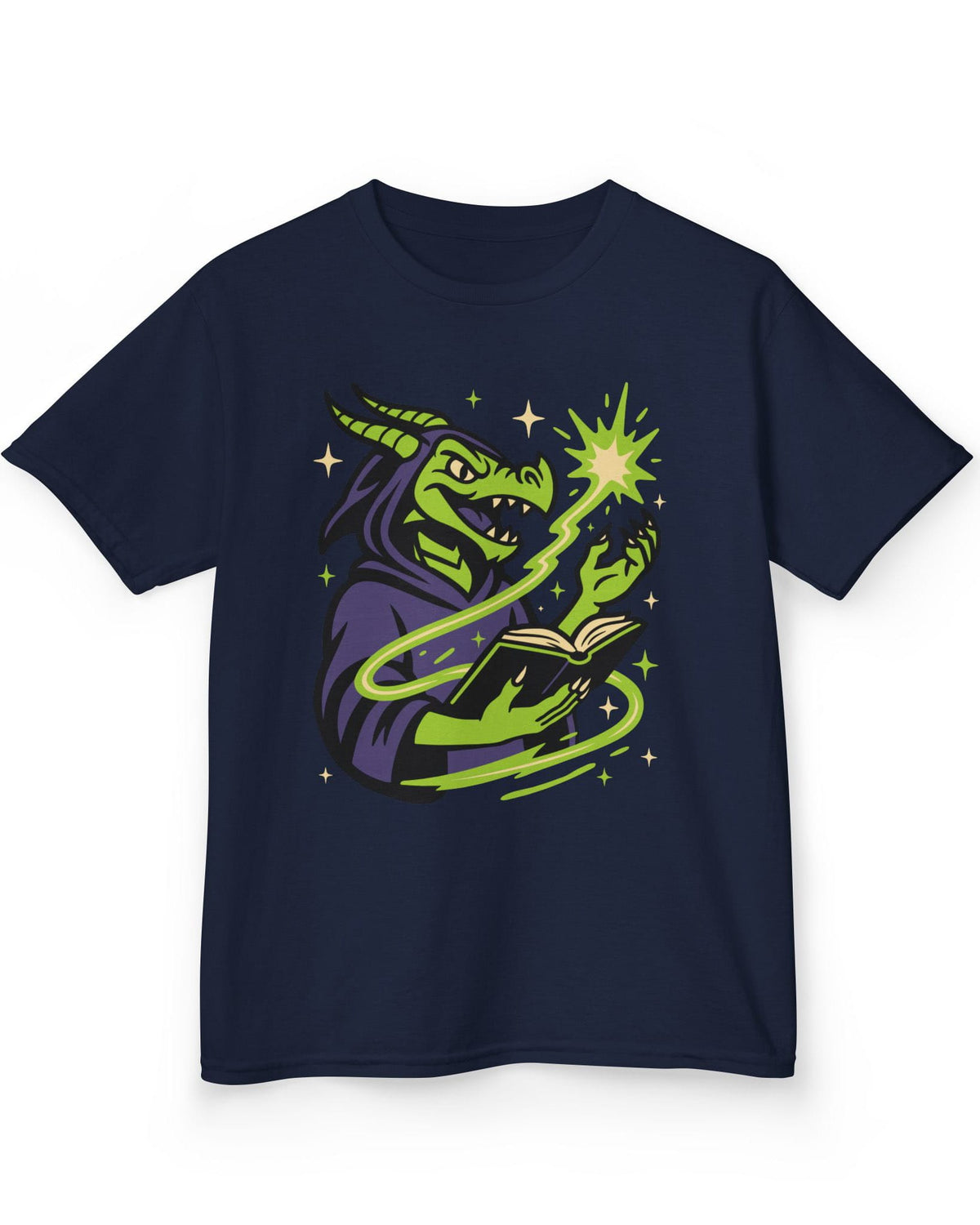 Dragon Wizard shirt in navy featuring a green dragon in purple robes casting a spell from a magical book