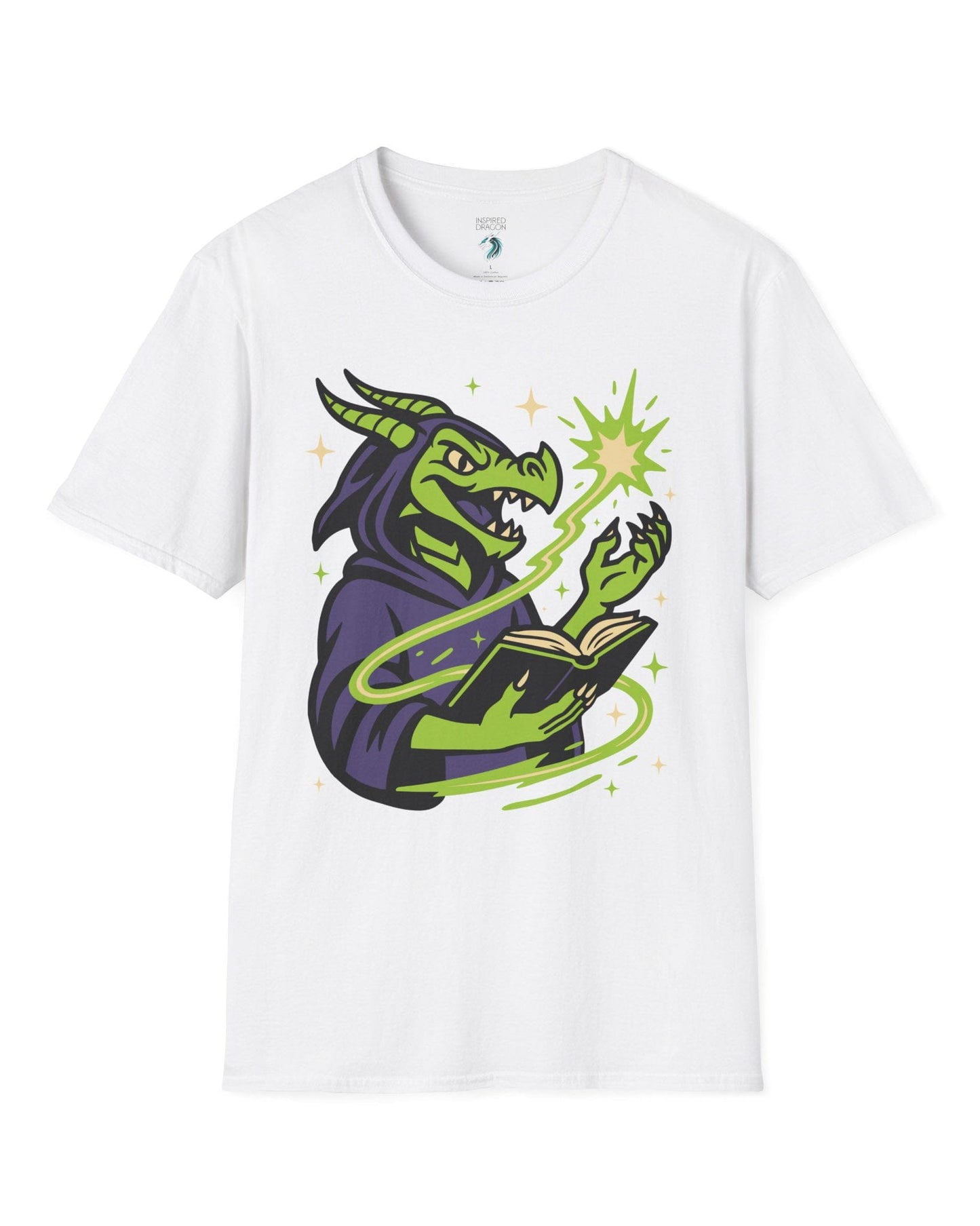 Dragon Wizard shirt in white, featuring a green dragon in purple robes casting a spell from a magical book.