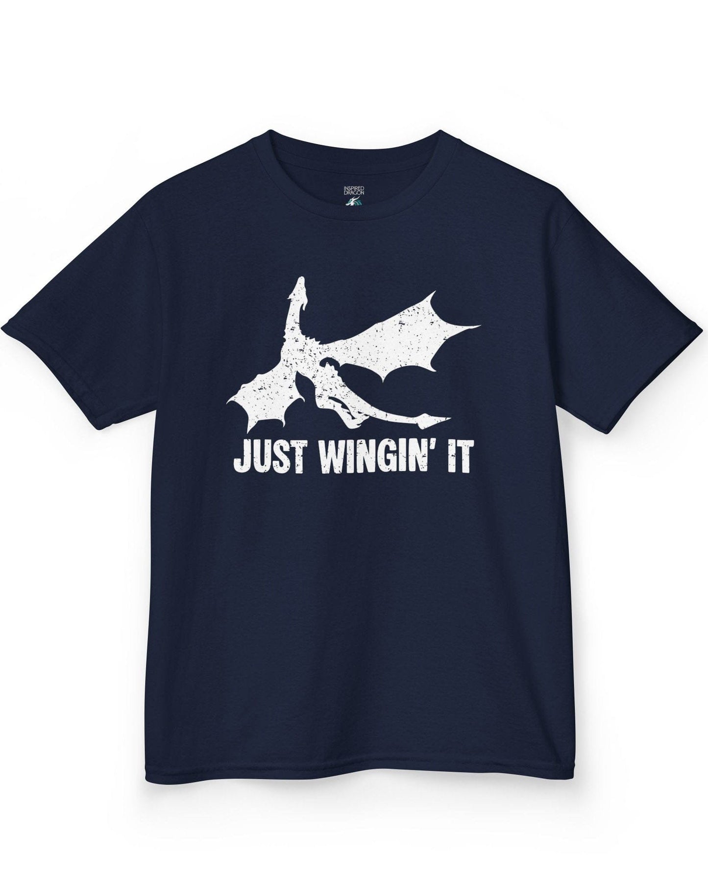 Just Wingin' It shirt in navy, featuring a distressed silhouette of a flying dragon above bold text.