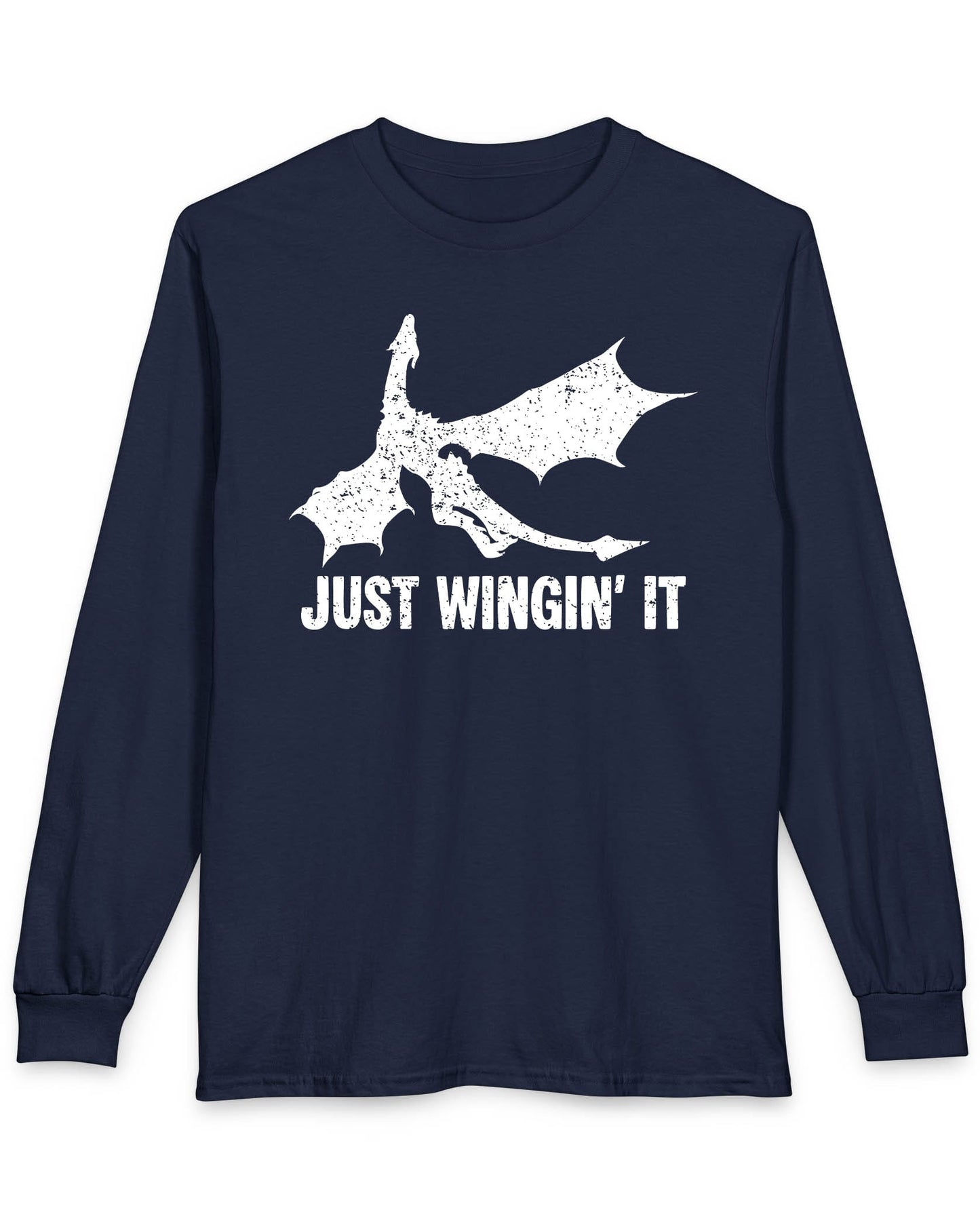 Just Wingin' It shirt in navy featuring a distressed silhouette of a flying dragon above bold text