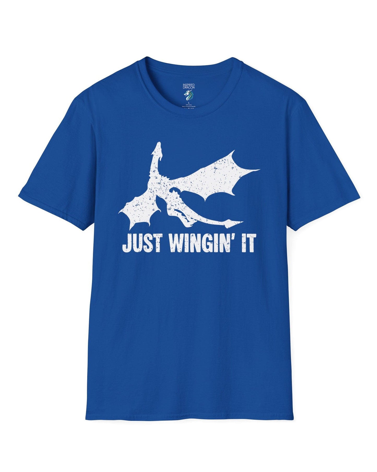 Just Wingin' It shirt in royal blue, featuring a distressed silhouette of a flying dragon above bold text.