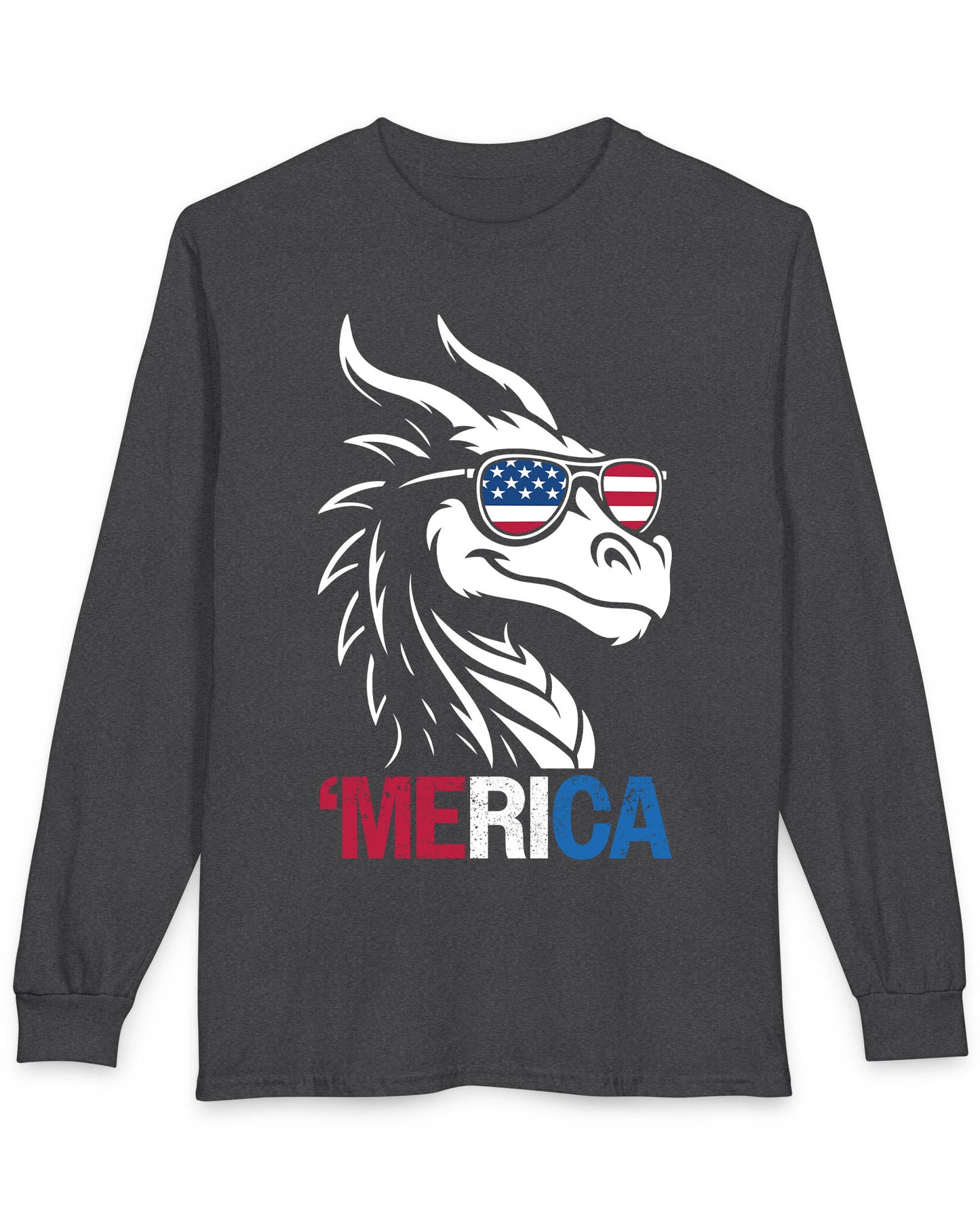 'Merica shirt in dark heather featuring a dragon in American flag sunglasses and patriotic red, white, and blue text