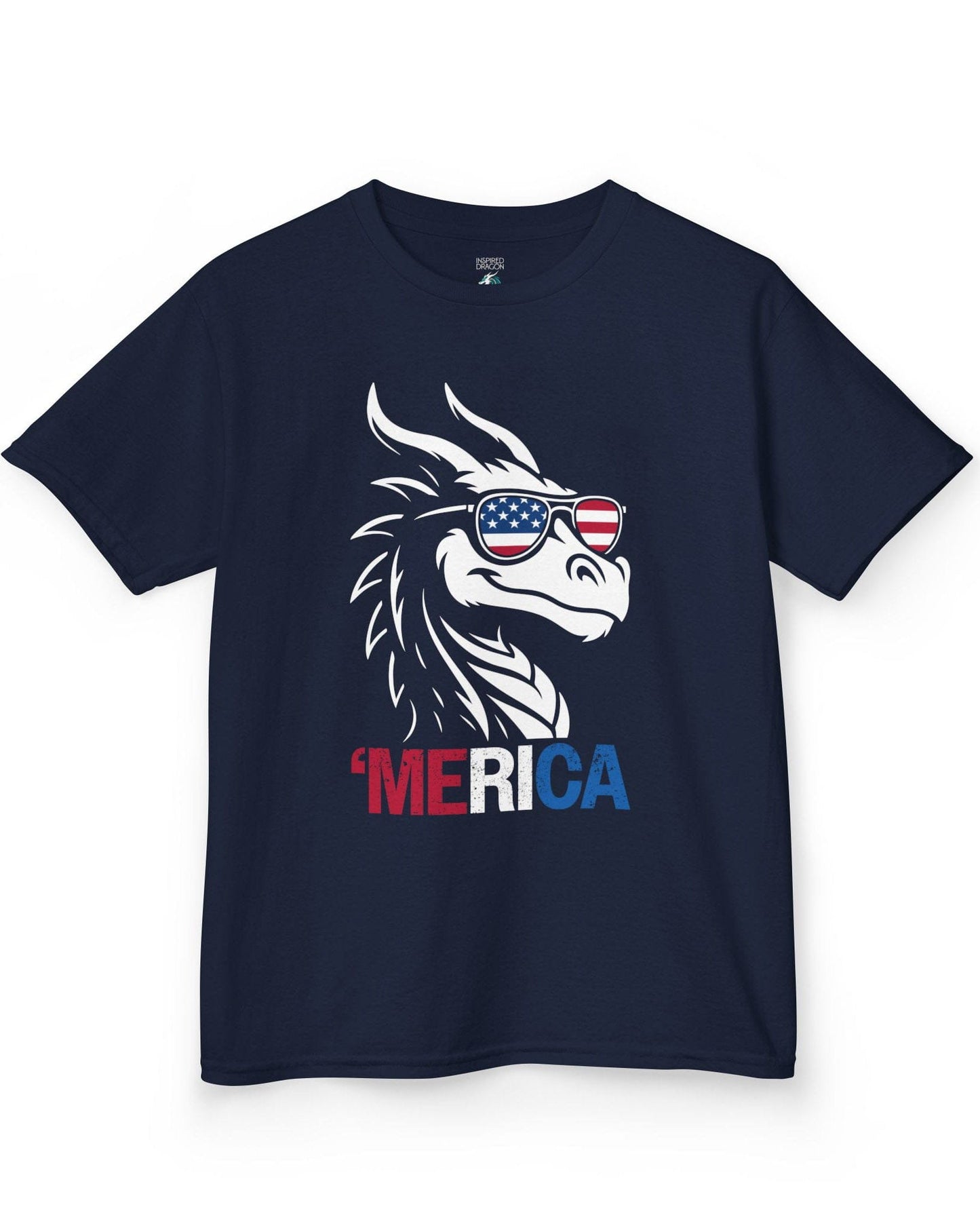 'Merica shirt in navy, featuring a dragon in American flag sunglasses and patriotic red, white, and blue text.