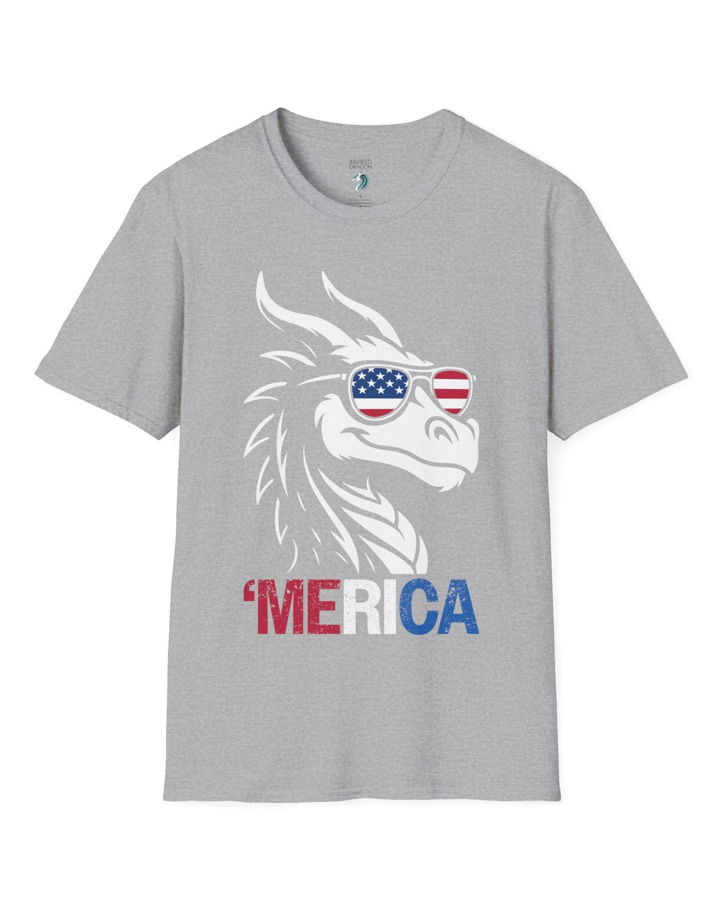 'Merica shirt in sport grey, featuring a dragon in American flag sunglasses and patriotic red, white, and blue text.