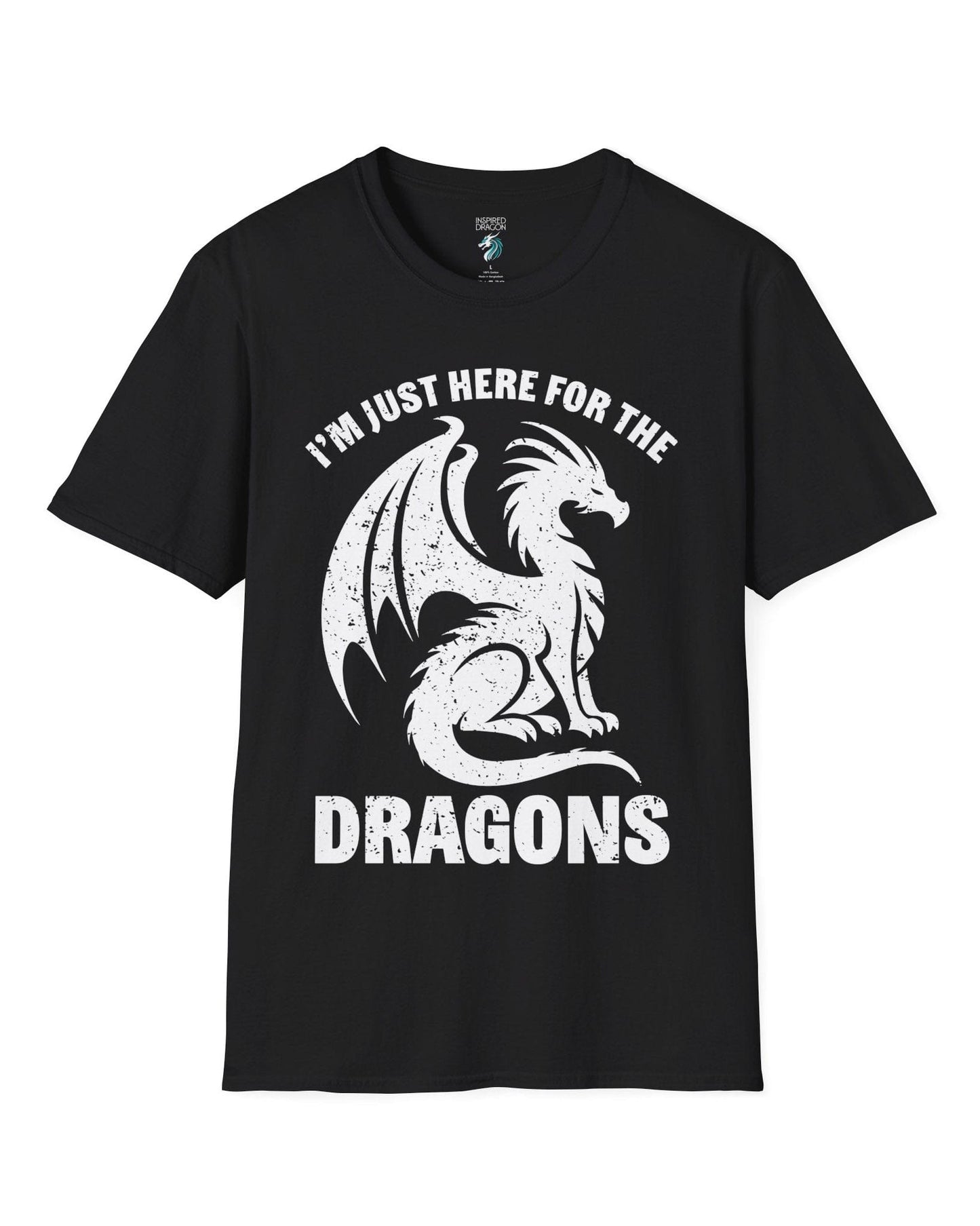 I'm Just Here for the Dragons shirt in black, featuring a distressed dragon silhouette and bold text.