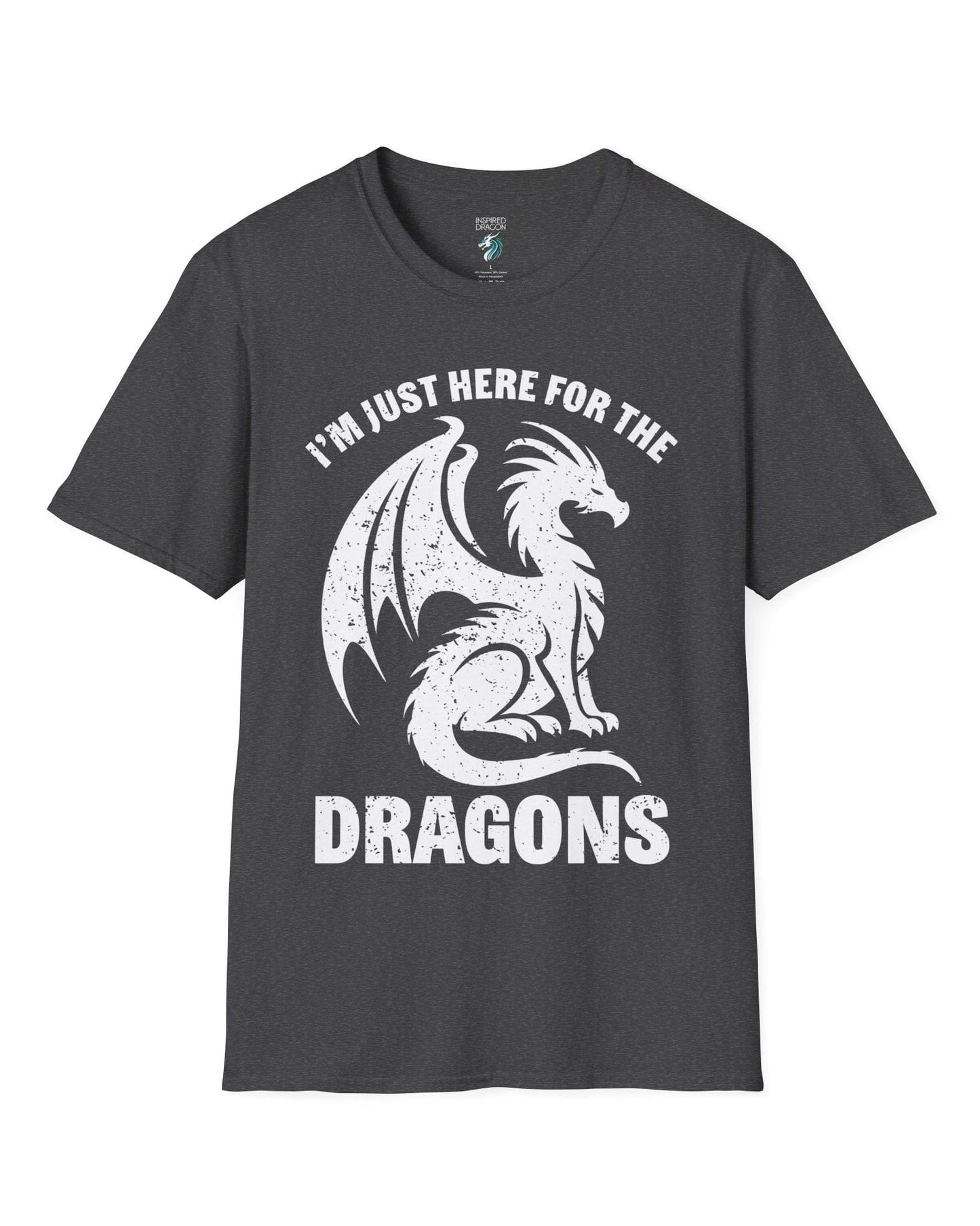 I'm Just Here for the Dragons shirt in dark heather grey, featuring a distressed dragon silhouette and bold text.