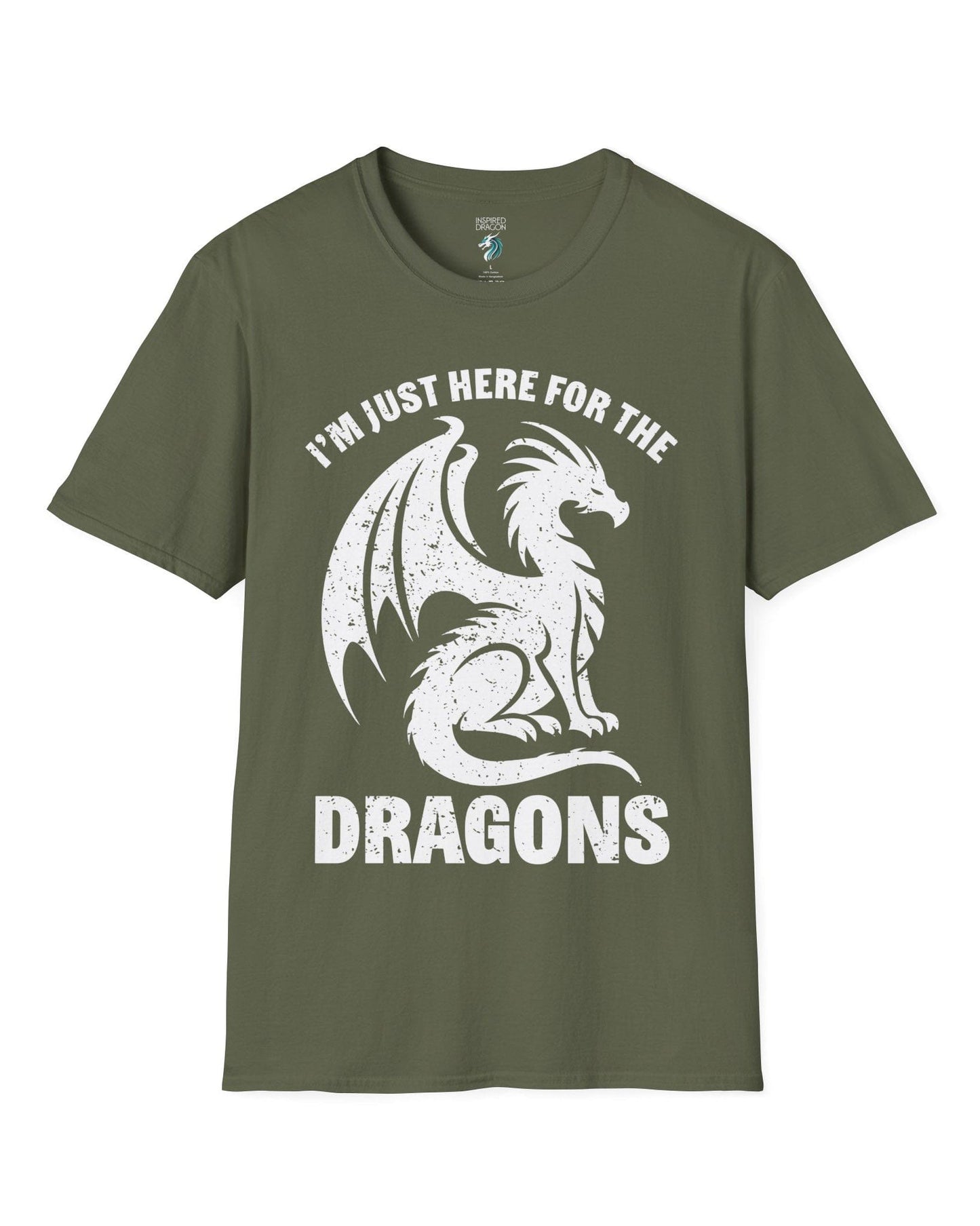 I'm Just Here for the Dragons shirt in military green, featuring a distressed dragon silhouette and bold text.
