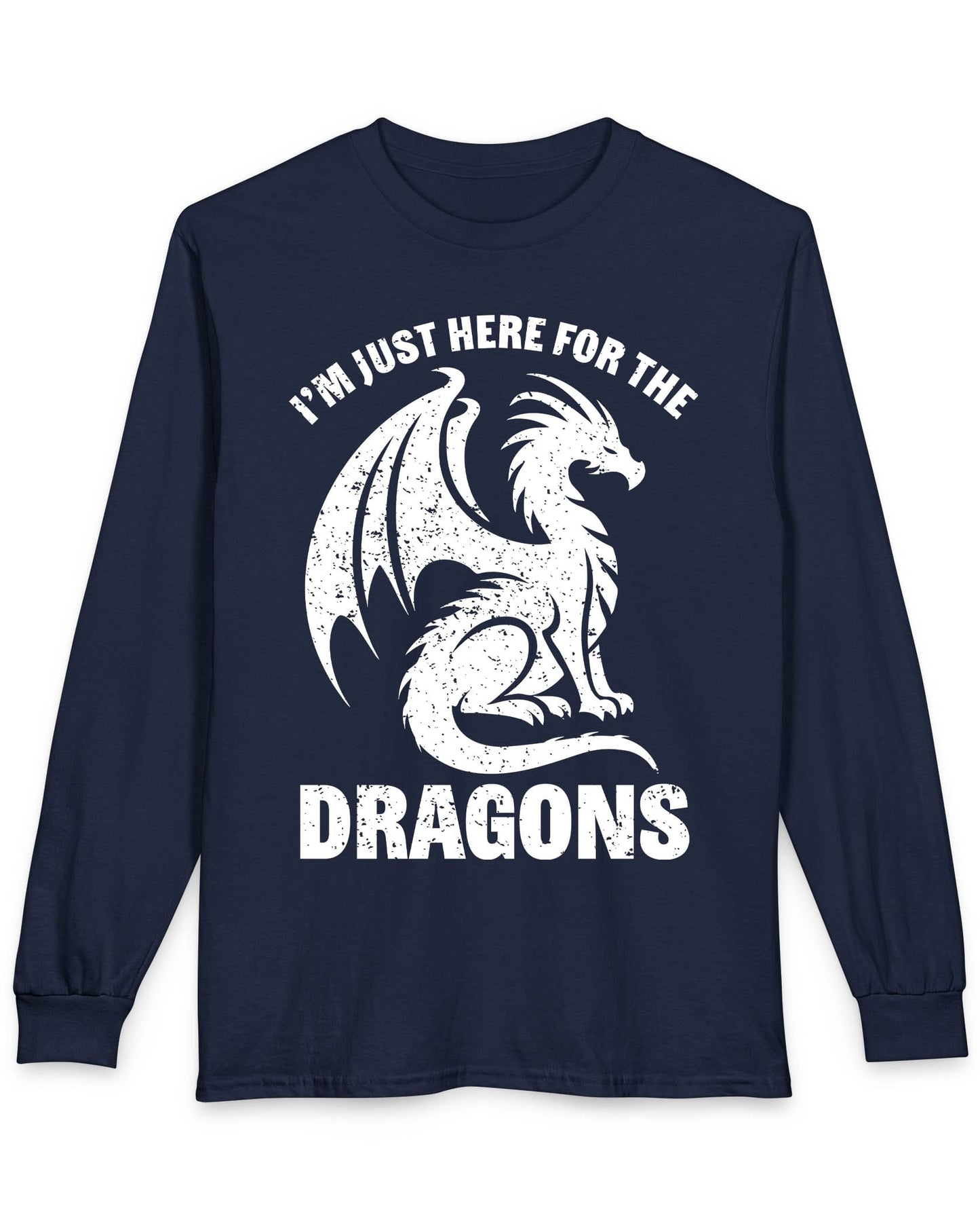 I'm Just Here for the Dragons shirt in navy featuring a distressed dragon silhouette and bold text