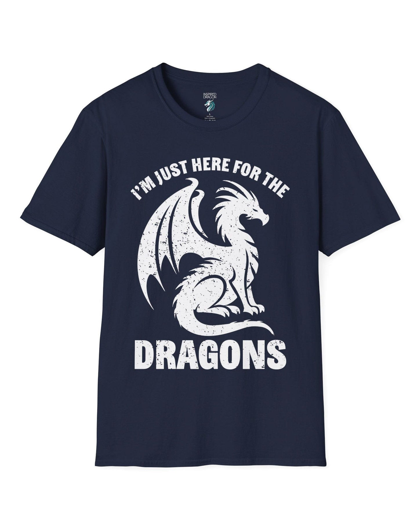 I'm Just Here for the Dragons shirt in navy, featuring a distressed dragon silhouette and bold text.