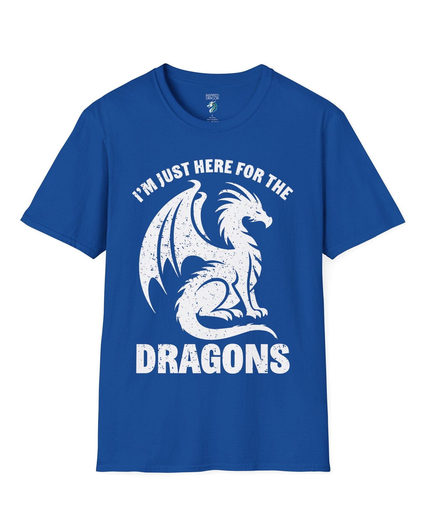 I'm Just Here for the Dragons shirt in royal blue, featuring a distressed dragon silhouette and bold text.
