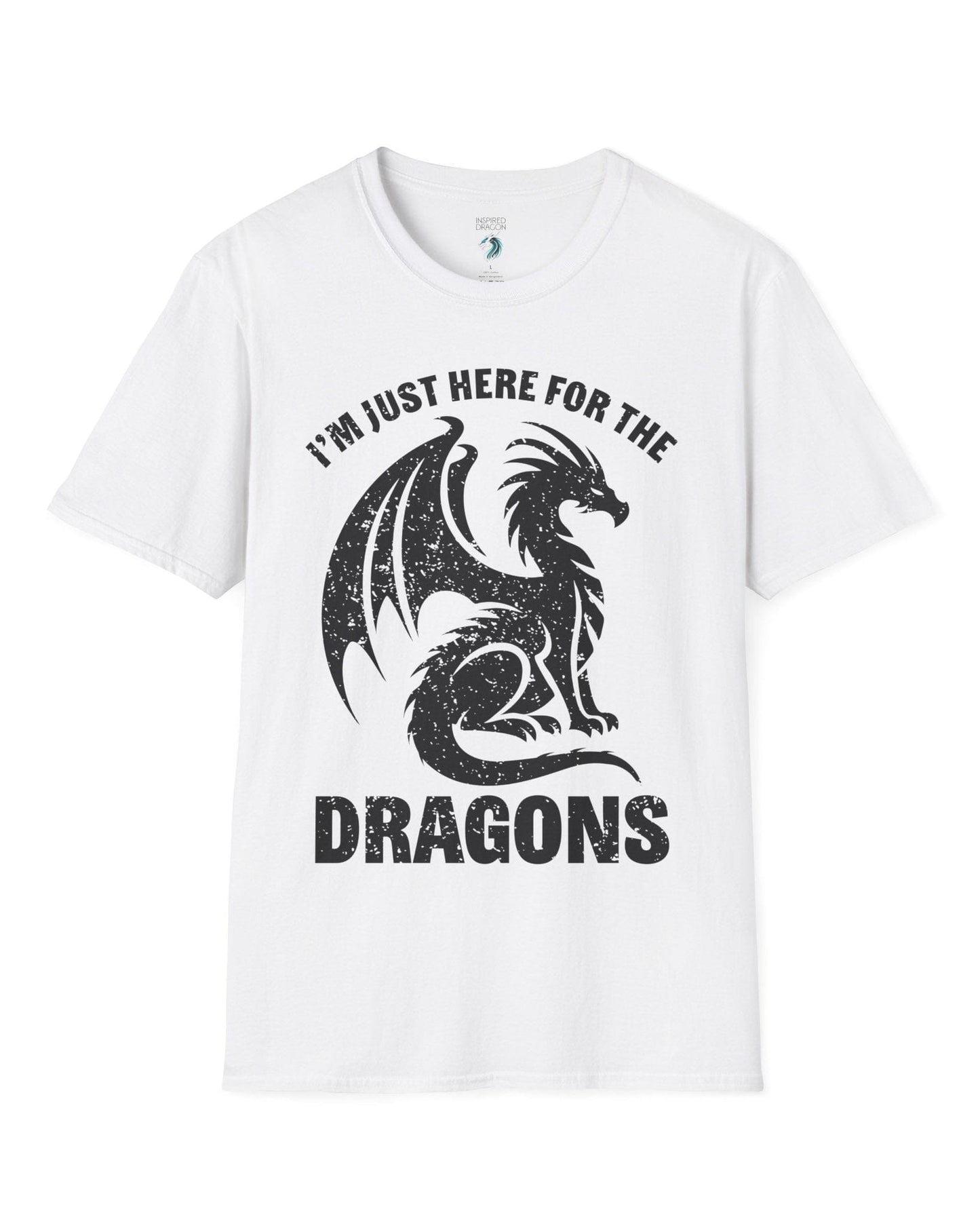 I'm Just Here for the Dragons shirt in white, featuring a distressed dragon silhouette and bold text.