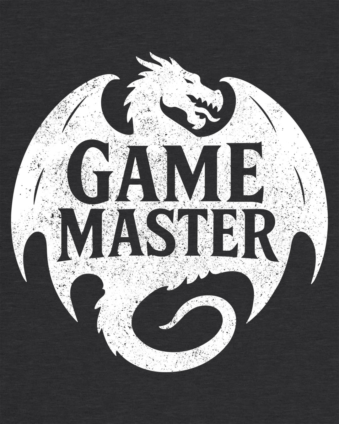 Game Master shirt in dark heather grey, featuring a distressed dragon silhouette encircling bold text.