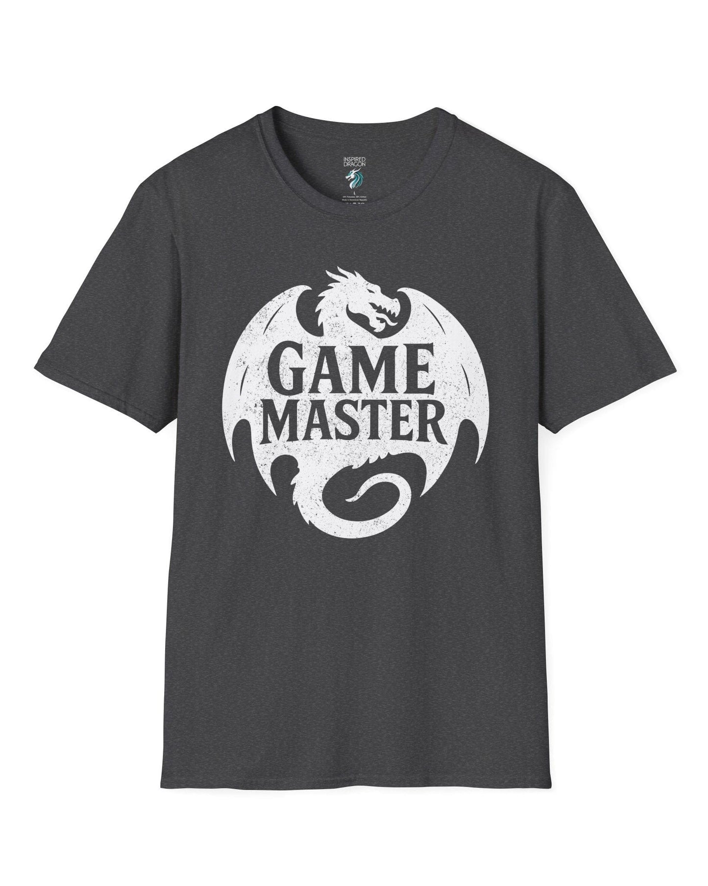 Game Master shirt in dark heather grey, featuring a distressed dragon silhouette encircling bold text.